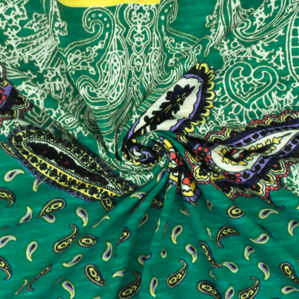 Turquoise-Multi Paisley With Stripe Printed Stretch Poly Slub Jersey Knit Fabric By the Yard
