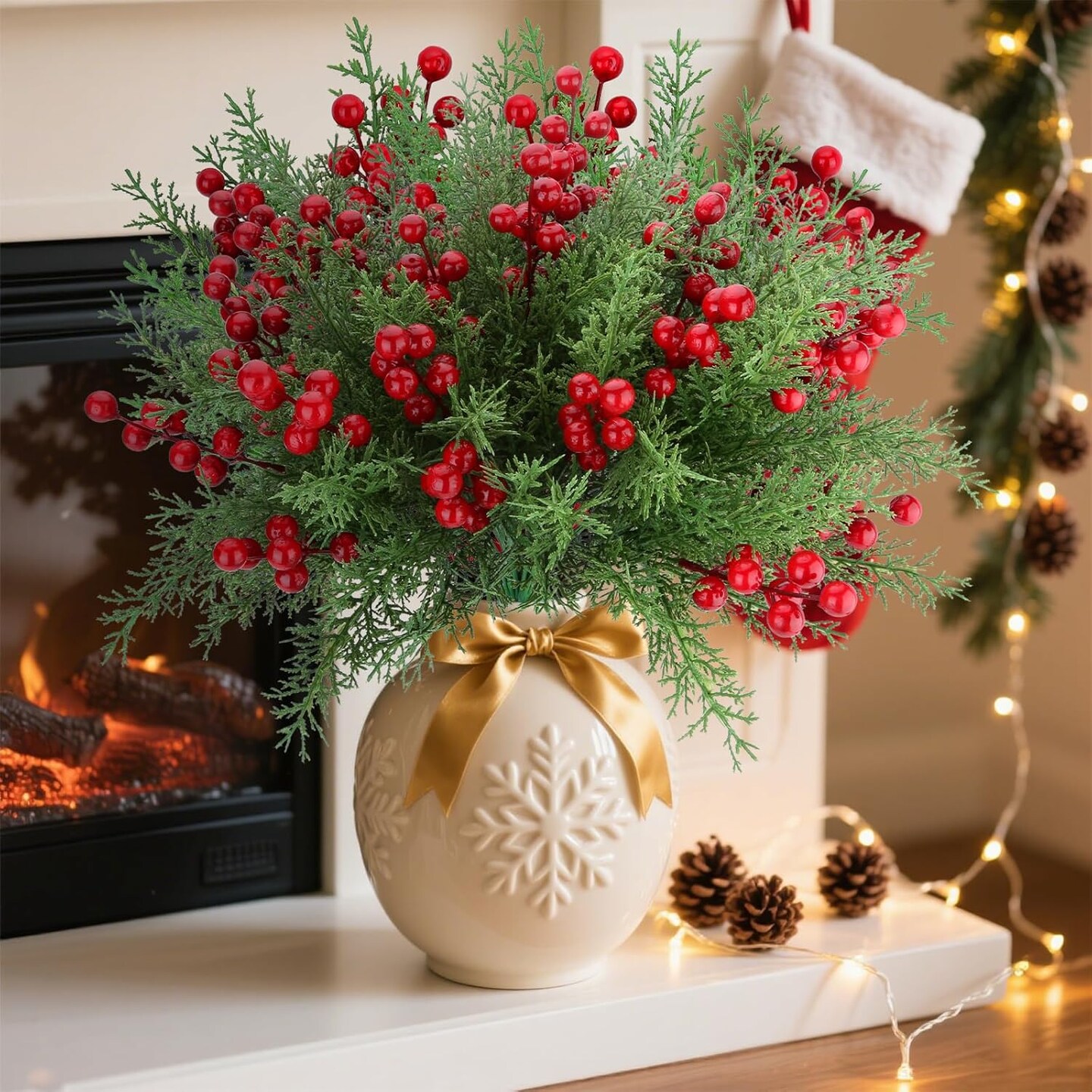 4 Bundles Artificial Christmas Flowers with Red Berry Stems (Green, Red) 7&#x22;D x 9.84&#x22;W x 15&#x22;H
