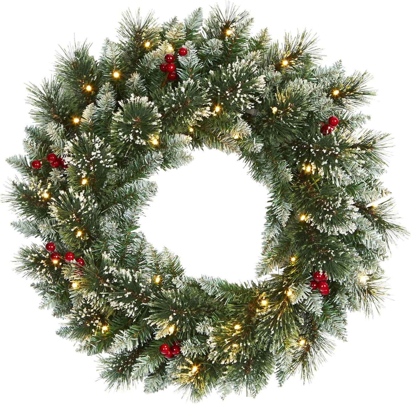 24in. Frosted Swiss Pine Artificial Wreath with 35 Clear LED Lights (Green) 5"D x 24"W x 24"H