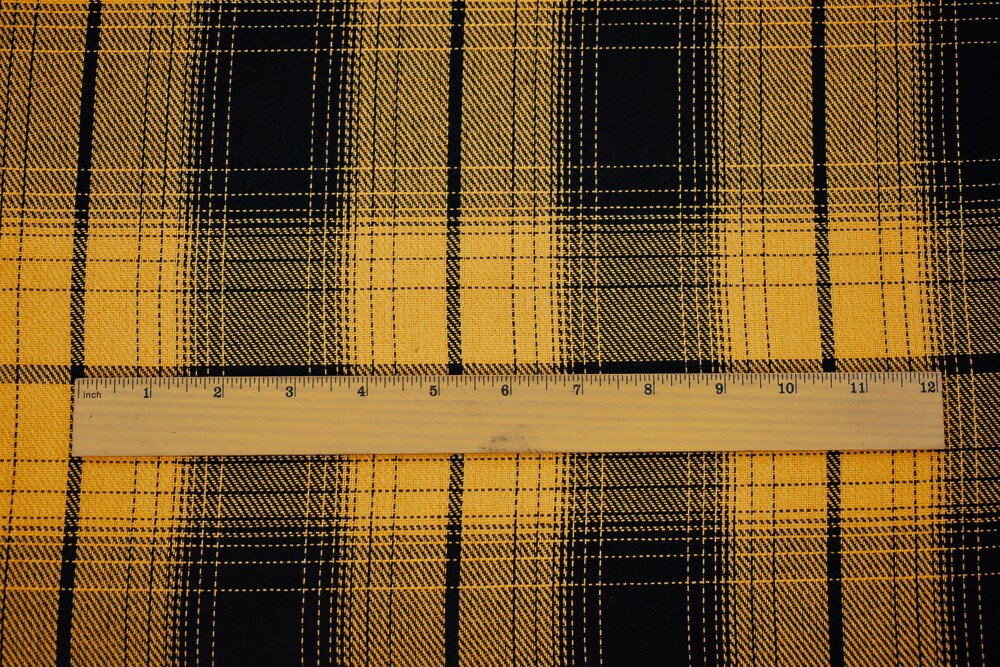 Yellow-Black Melton Poly Wool Single Sided Brushed Plaid Woven Jacketing By the Yard