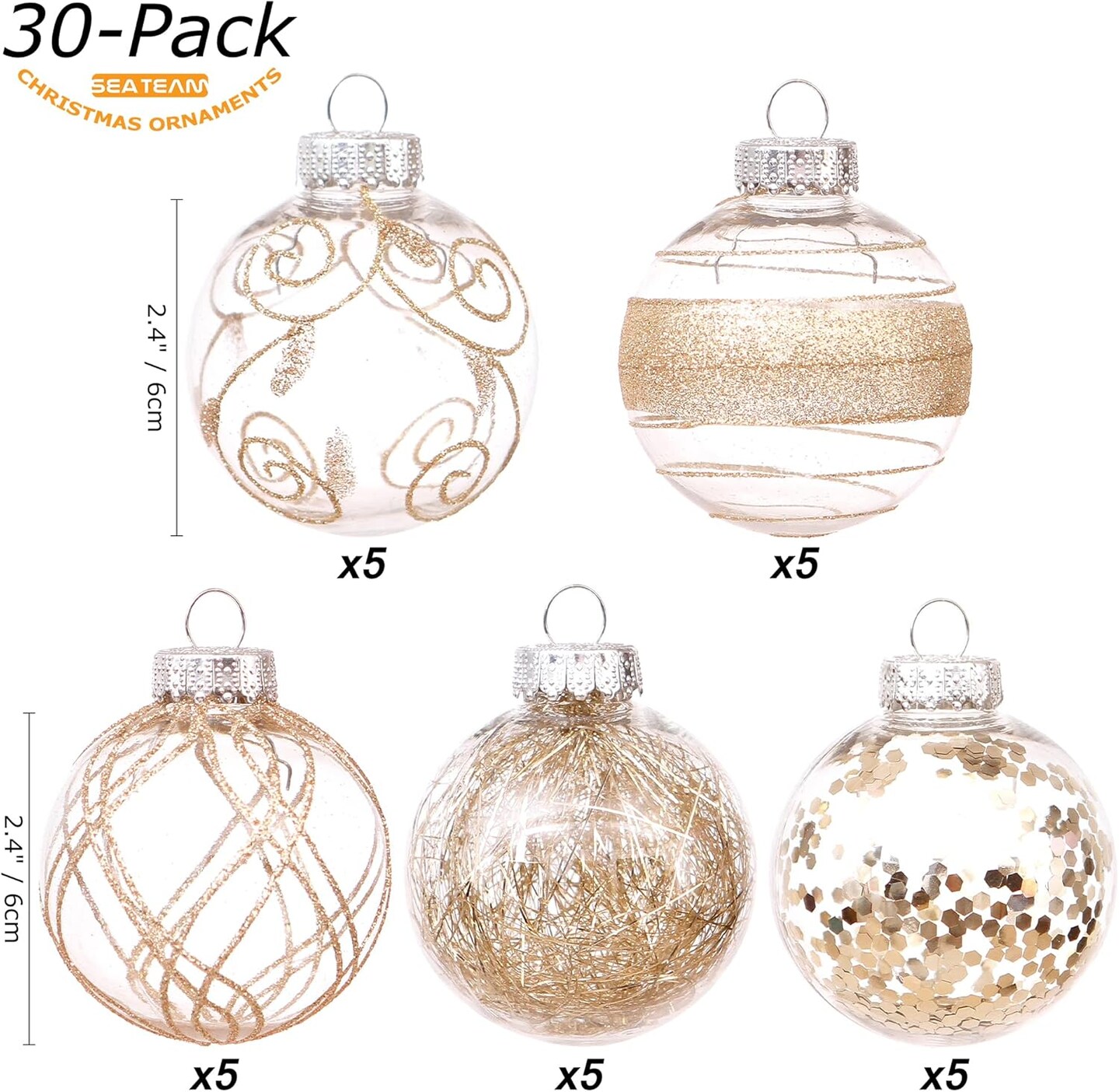 Shatterproof Clear Plastic Christmas Ball Ornaments Set (Champagne) - 6.3 x 6.3 x 12.6 inches