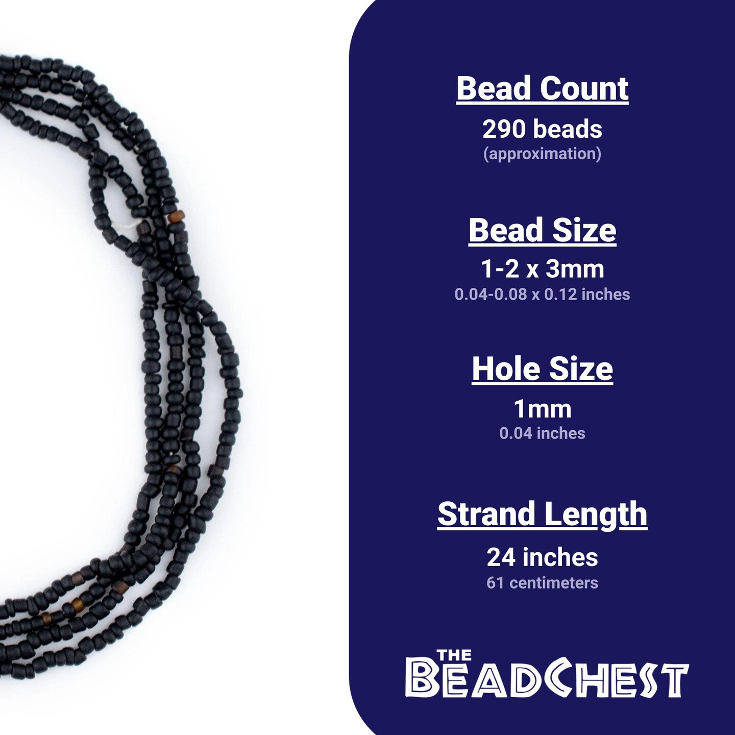 The Bead Chest Black Matte Glass Seed Beads (3mm) - 24 inch Strand of Quality Glass Beads