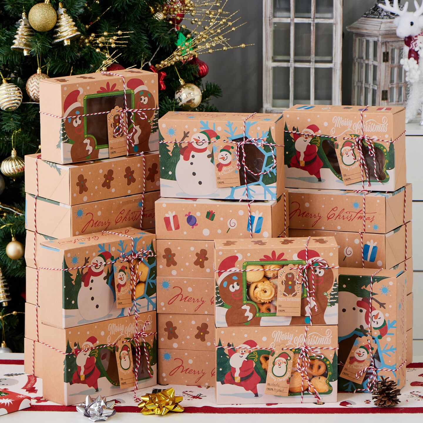 JOYIN 24 PCS Christmas Cookie Gift Baking Box 8.75" x 5.75" x 2.75” with Window Auto-Popup, Xmas Holiday Treat Boxes Containers with Tags for Party Favor Pastries, Cupcake, Brownies, Donut Gift-Giving