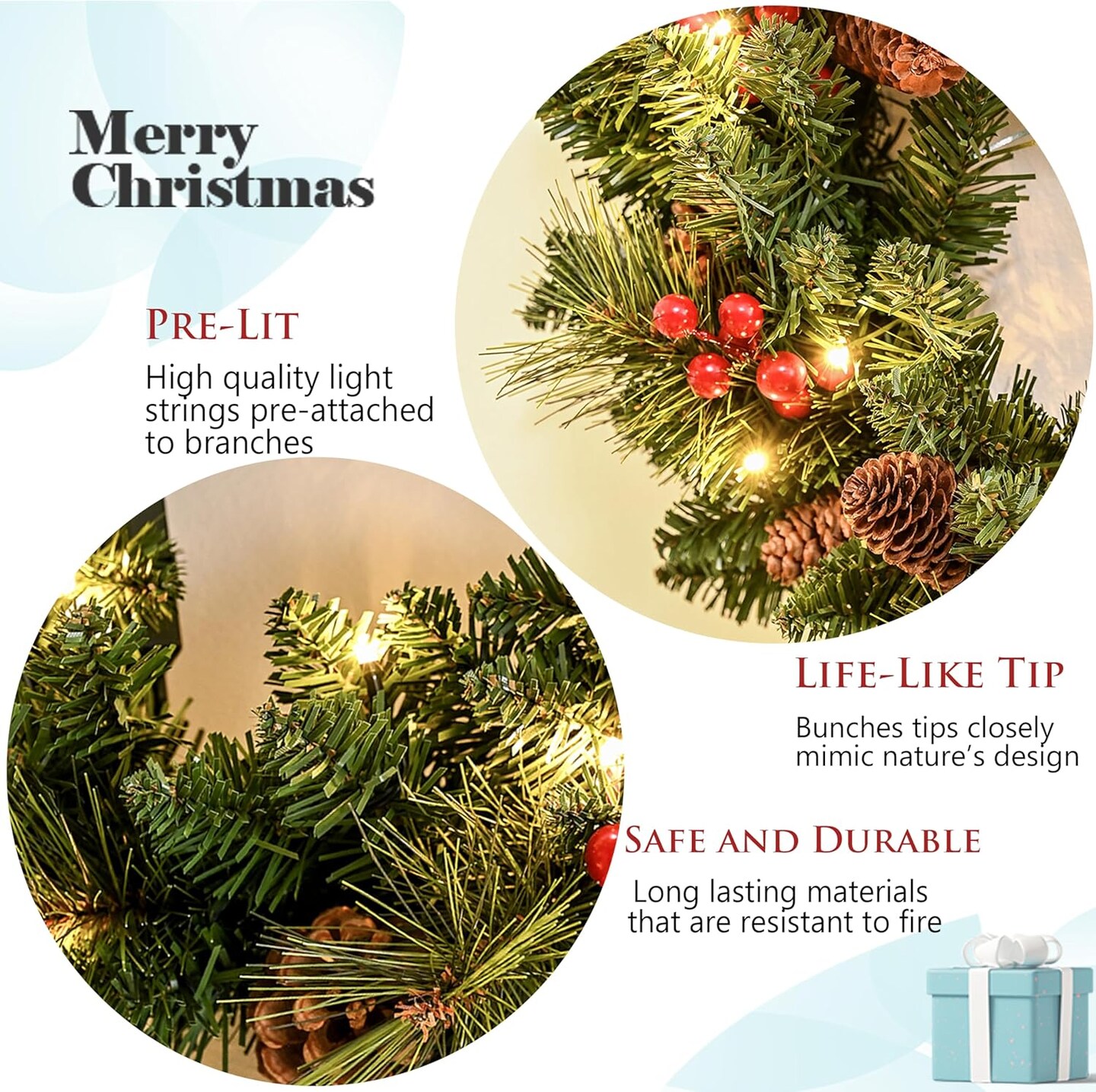 20Inch Pre-Lit Light up Christmas Wreath Green (Leaves&#x26;red Berries) 15.76&#x22;D x 15.76&#x22;W x 3.94&#x22;H