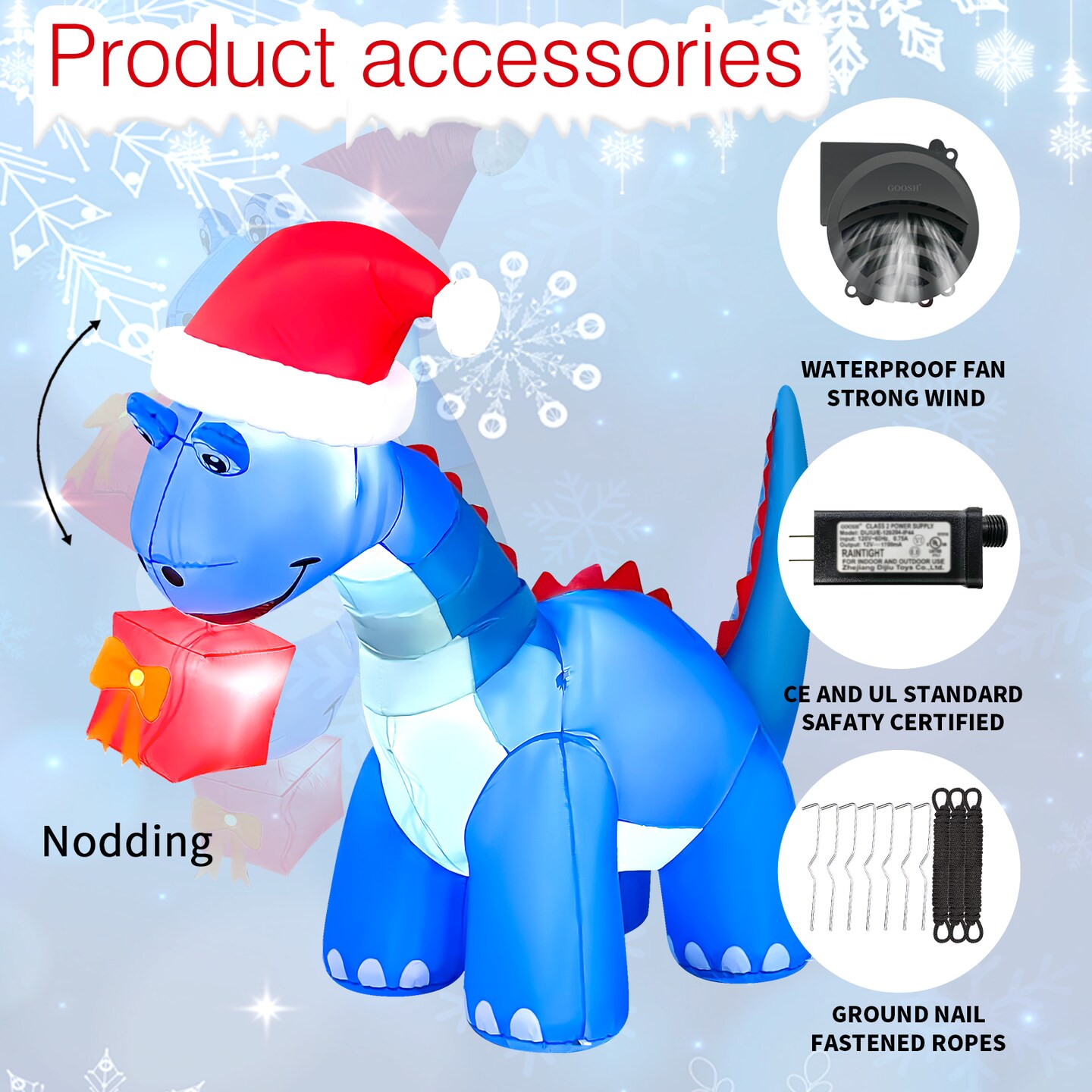 GOOSH 8FT Animated Blue Dinosaur Inflatable with Nodding Head and LED Lights