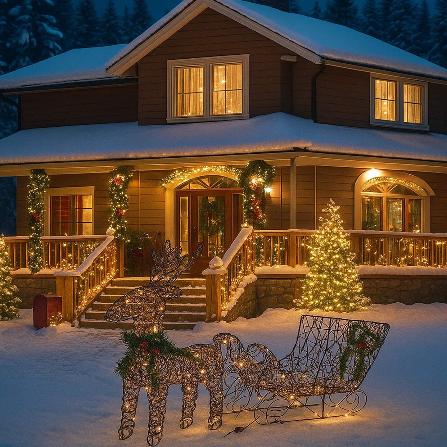 Christmas Reindeer and Sleigh LED Display Brown with Sparkling Warm White Lights 19.69 x 7.28 x 16.14 inch