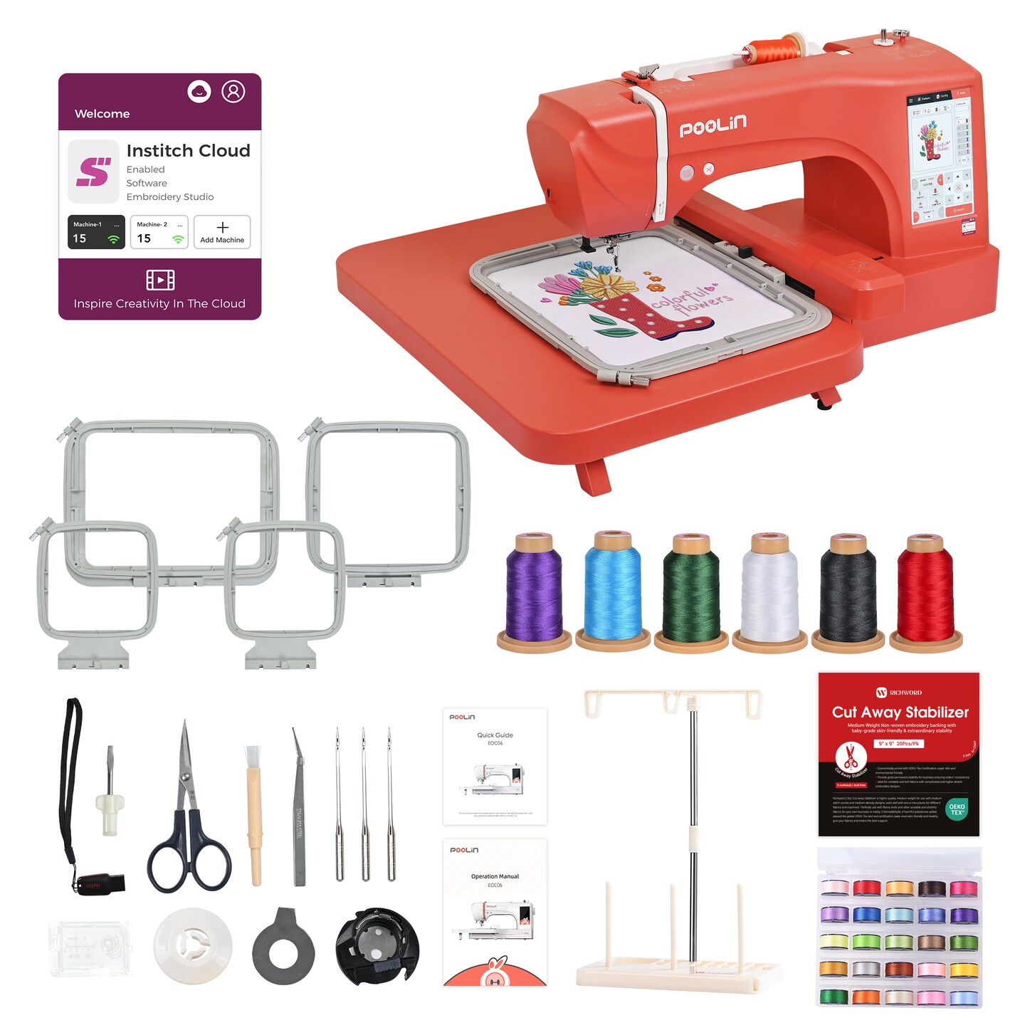 Poolin EOC06-RE Computerized Embroidery Machine Best Seller in USA with 7.9x11&#x22; Larger Area, 7&#x22; LCD Big Touch Screen, Wifi Available with Supplies Starter Kit Online Digitizing Software for Free for Business Owner &#x26; Christmas Gift