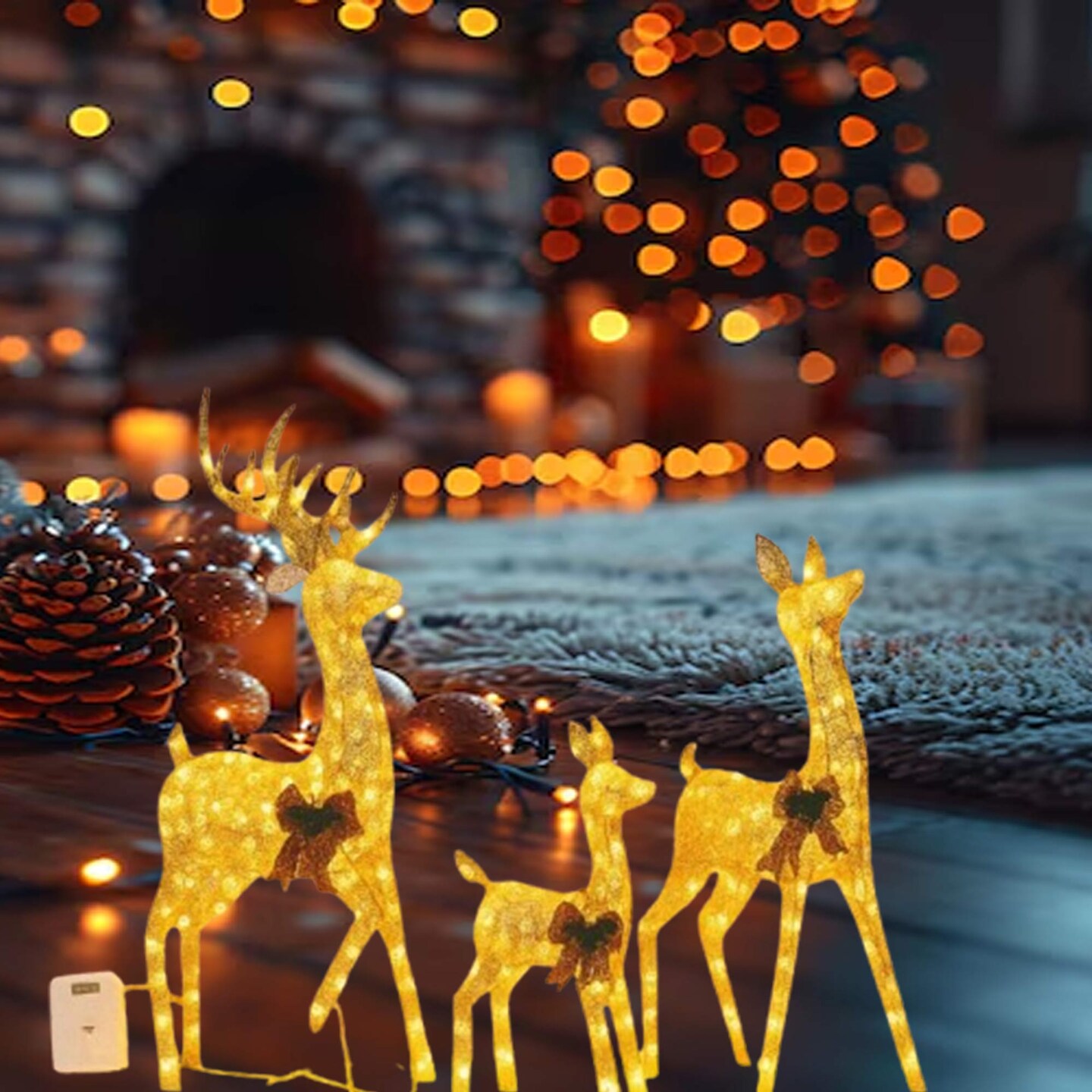 Holiday Decor Deer Set, Champagne Cotton Thread, Three Sizes 60 Inch, 48 Inch & 32 Inch