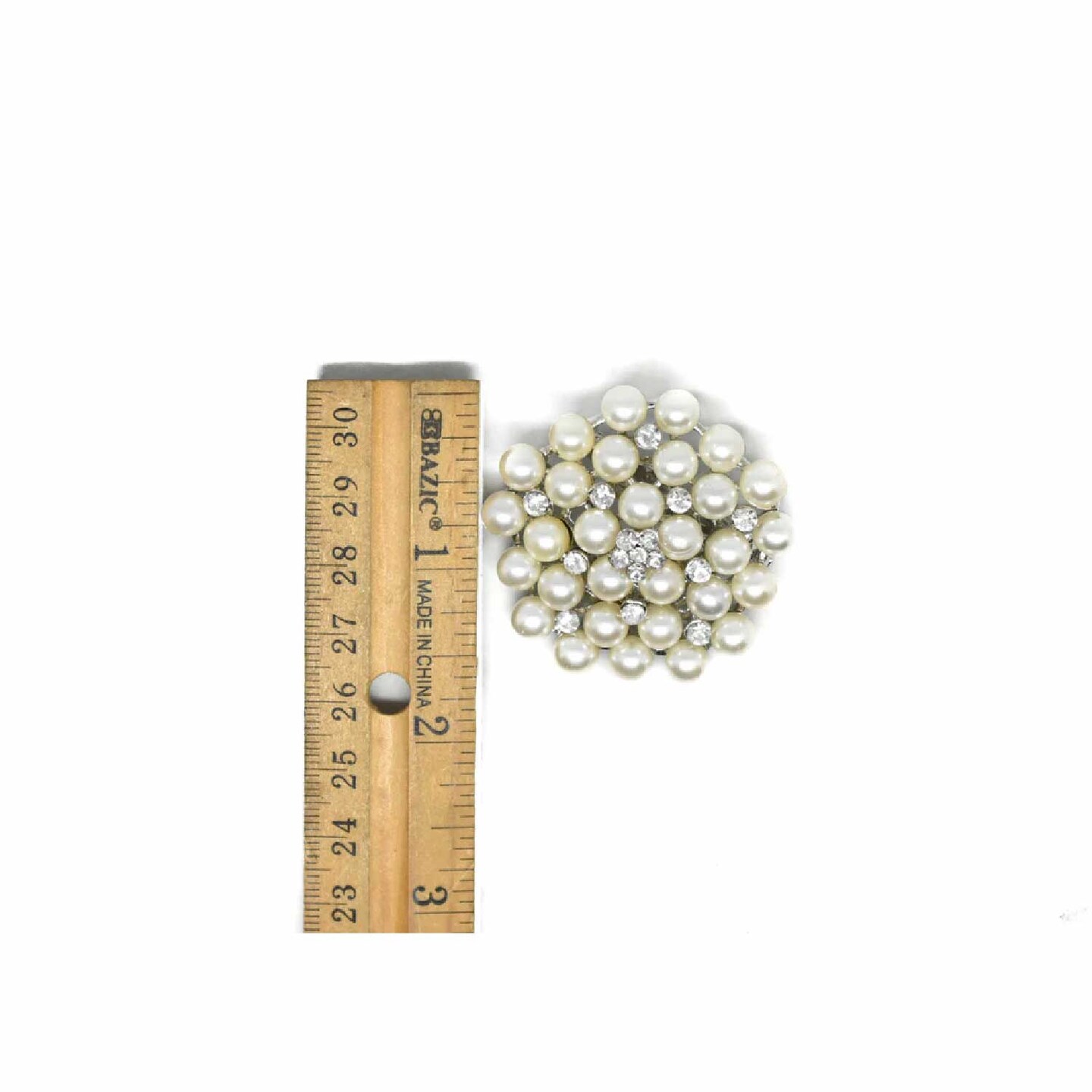 Silver Pearl Brooch Pin With Crystal Flowers For Bridal DIY Crafts 1 3/4 Inch