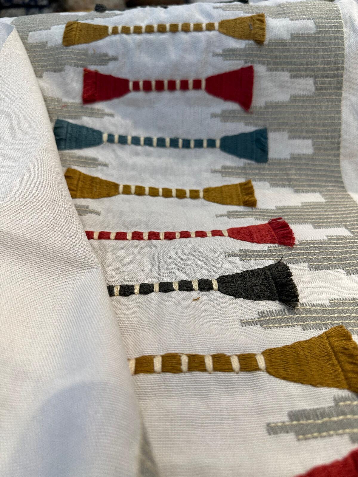 1 Yard Southwestern Embroidered Upholstery Fabric Khaki Beige Tassel Pattern 100% Cotton 57 Inch Width