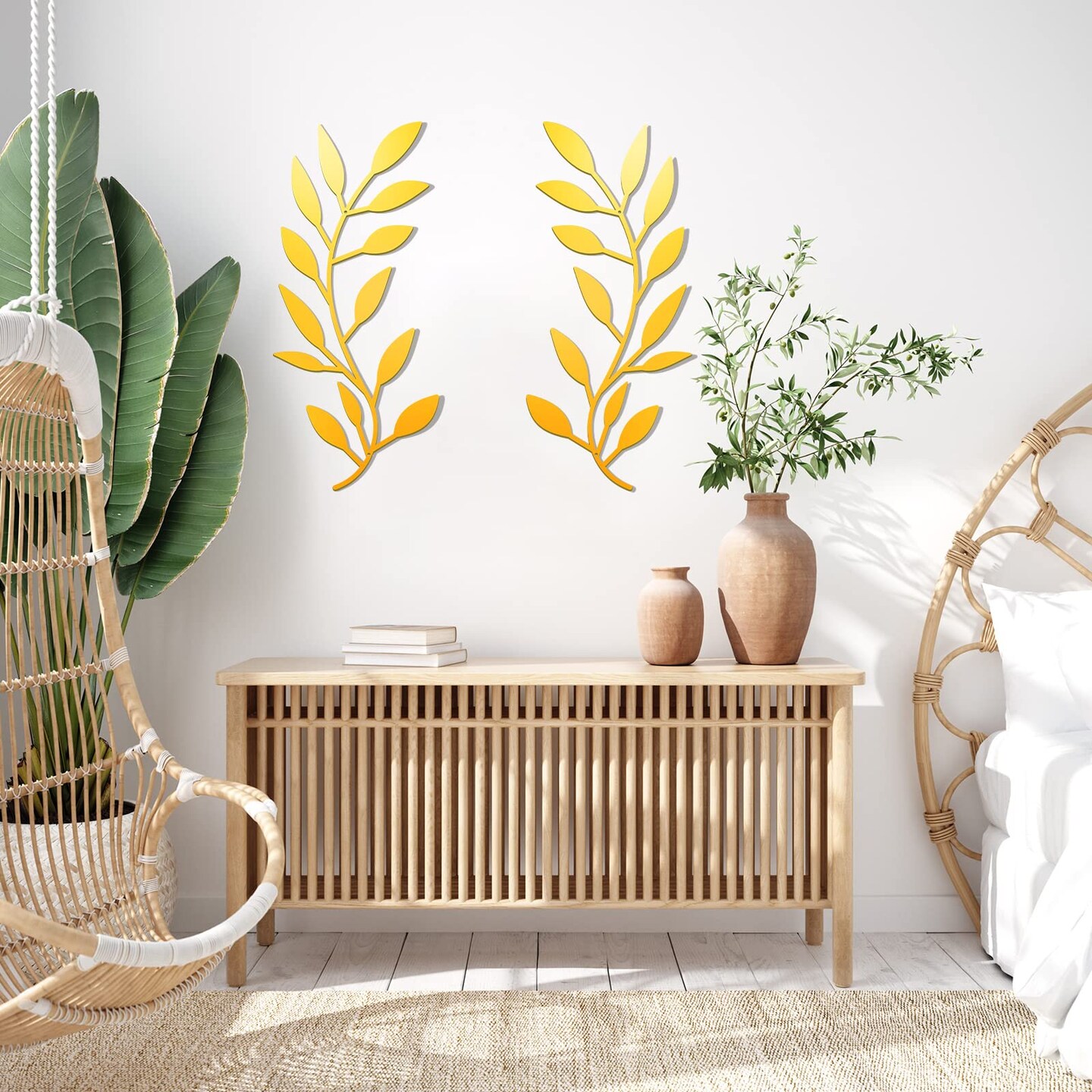 2 Pieces Metal Tree Leaf Wall Decor Vine Olive Branch Leaf Wall Art Living Room, Hallway Wall Decor Outdoor Decoration(Gold)