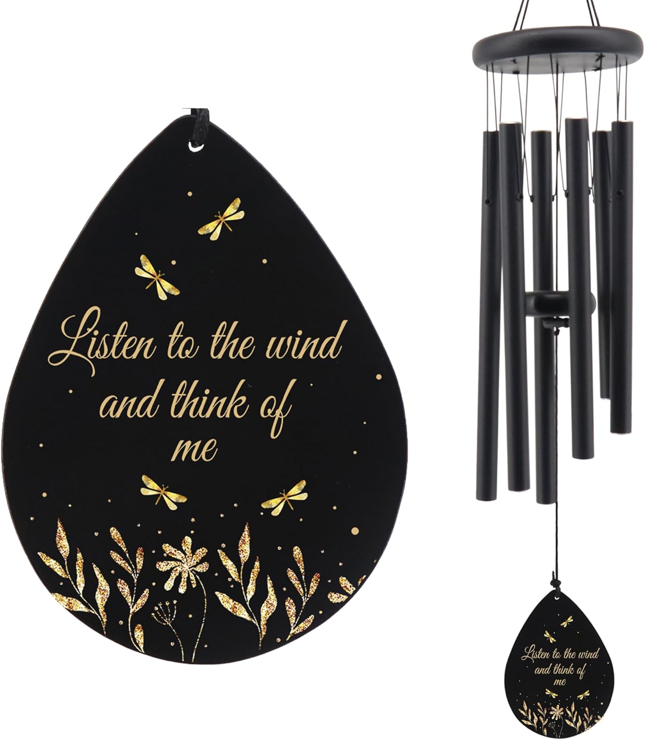 Memorial Sympathy Wind Chimes for Outside, Dragonfly Wind Chimes for Loss of Loved One Mother Father for Bereavement/Condolence/Funerary Gift Idea,32inch Wooden,Black
