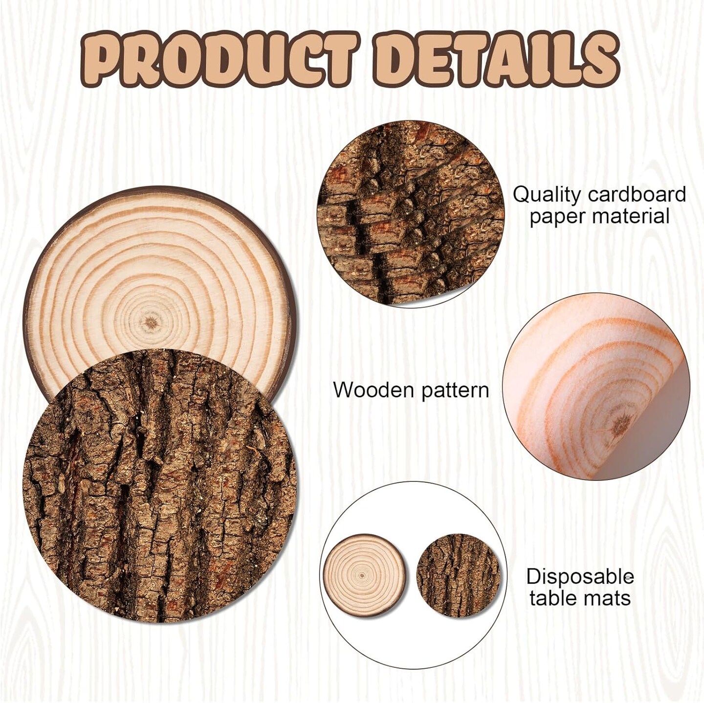 50 Pcs Disposable Wooden Slice Paper Place Mats Round Rustic Brown Table Mats Wood Grain Placemat Bulk for Farmhouse Tan Wedding Baby Shower Birthday Party Table Setting Supplies Decor