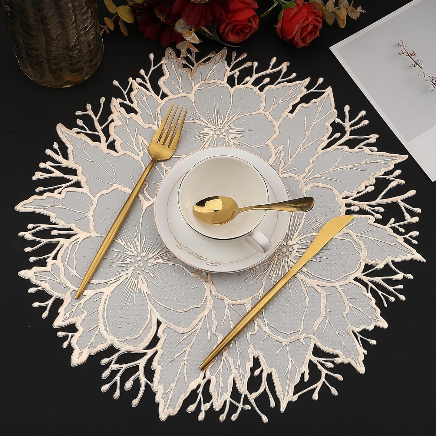 Placemats Set of 6, Gold White Place Mats Pressed Plum Flowers Vinyl Round Table Mats Washable