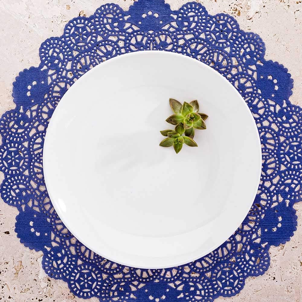 Pastry Tek 12 x 12 Inch Lace Doilies 100 Decorative Tableware Placemats - Disposable Round Navy Blue Paper Table Doilies For Birthdays Or Weddings Table Decor