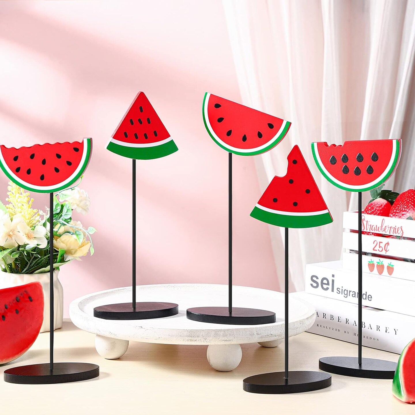 5 Pcs Summer Watermelon Wooden Sign Summer Farmhouse Wooden Tiered Tray Decor Rustic Table Topper Sign for Farmhouse Home Kitchen Party Decor (Watermelon Style)