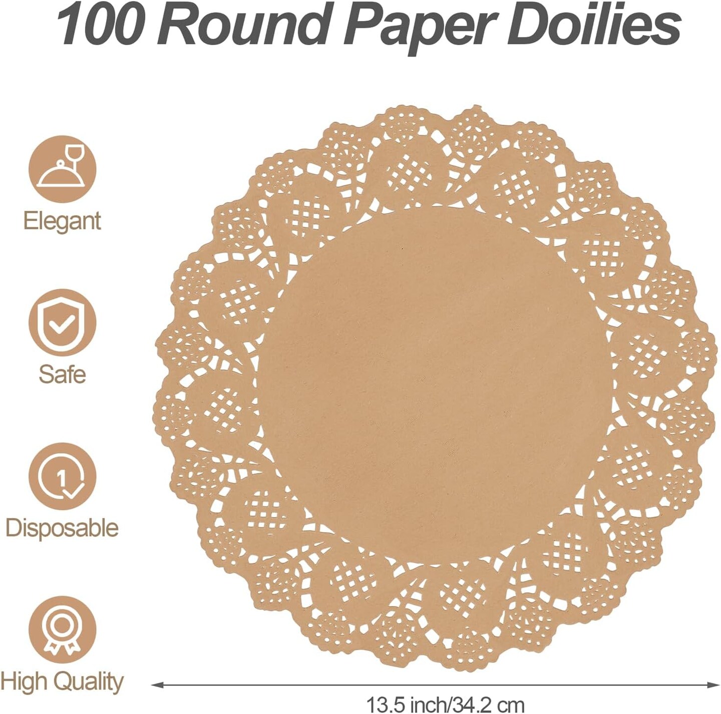 100 Pack Round Brown Kraft Paper Doilies 13.5 Inches Lace Paper Place Mats Rustic Scallop Doily Disposable Table Pads for Food Cakes Crafts Party Weddings Tableware Decor