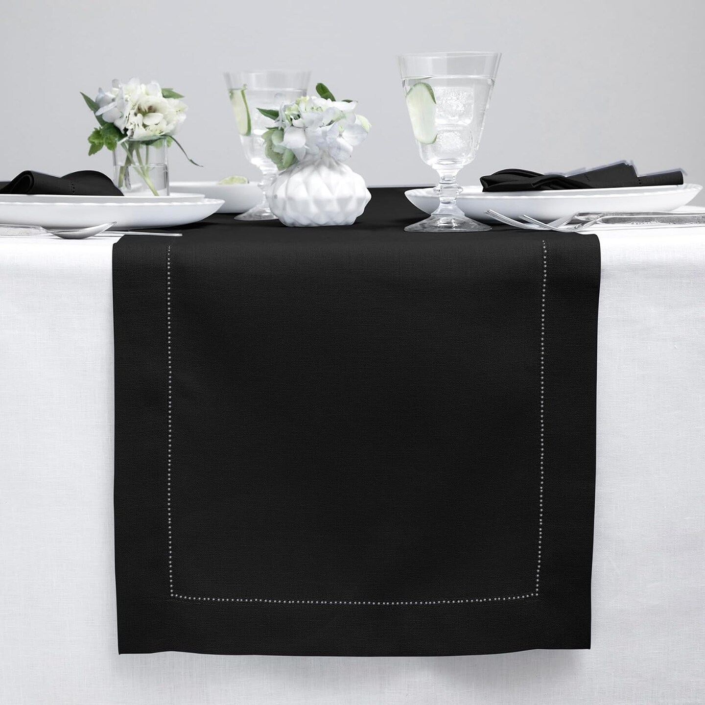 Home Black Table Runner 60 Inches - Classic Hemstitch, 100% Pure Linen Coffee Table Runner