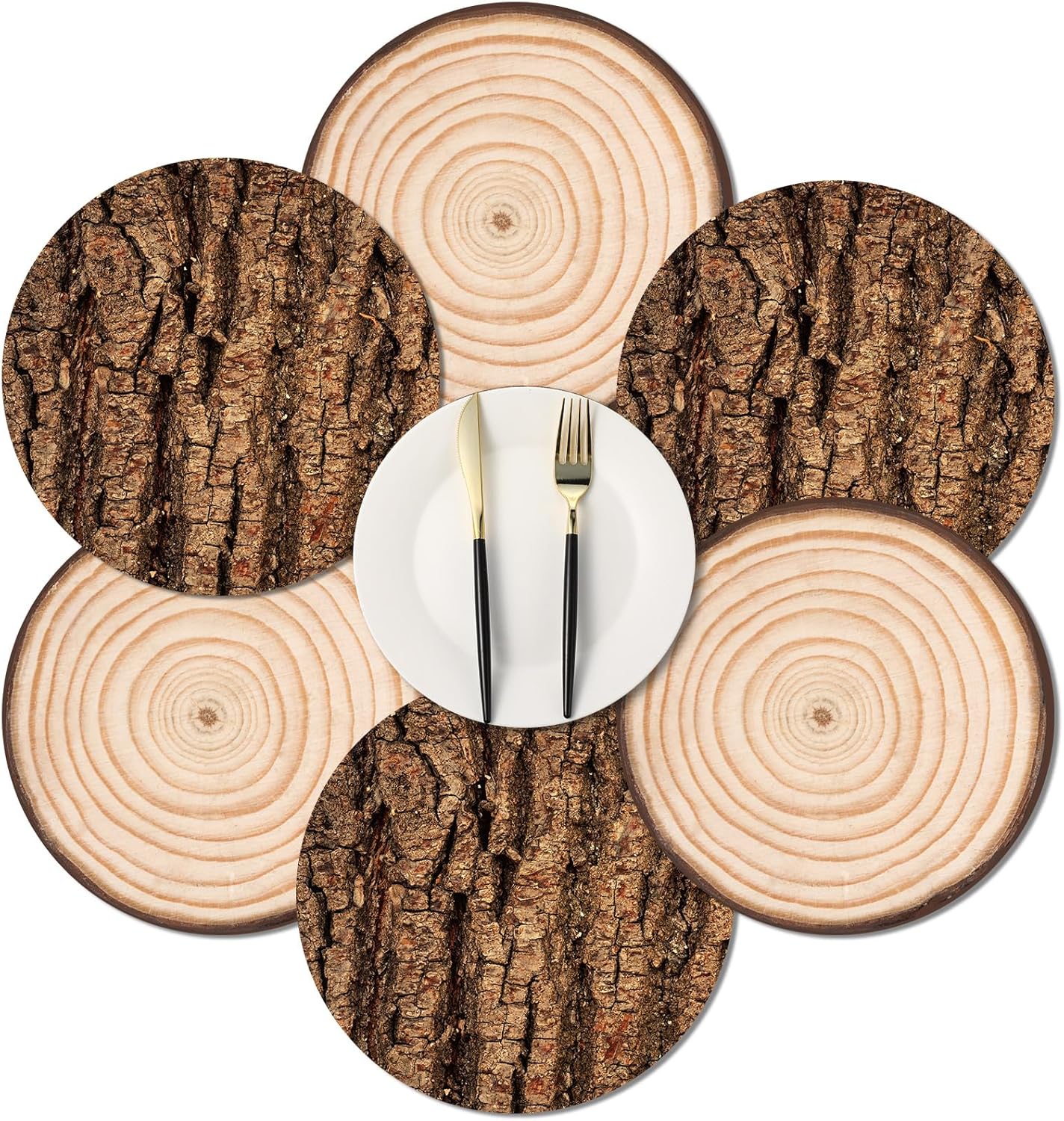 50 Pcs Disposable Wooden Slice Paper Place Mats Round Rustic Brown Table Mats Wood Grain Placemat Bulk for Farmhouse Tan Wedding Baby Shower Birthday Party Table Setting Supplies Decor