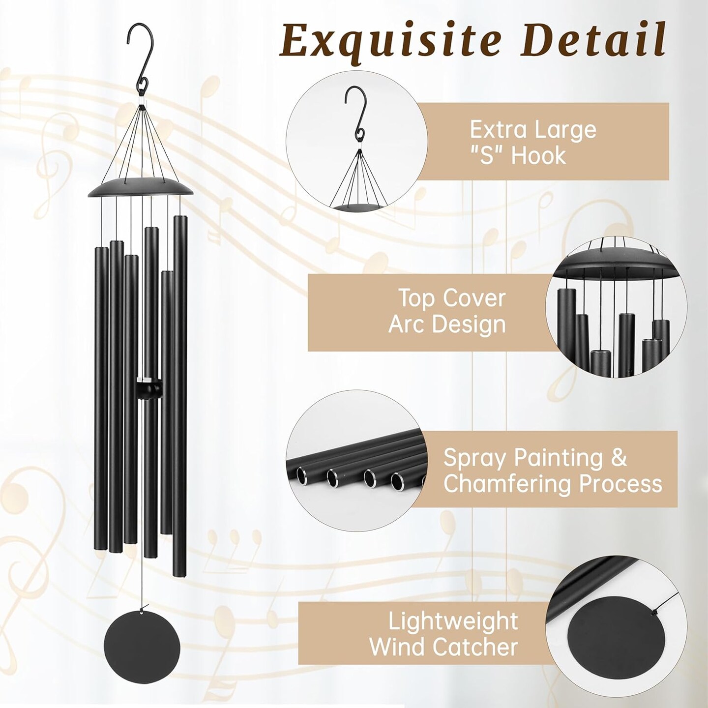 38&#x22; Large Wind Chimes with Classic Sound, Coolest Metal Windchimes Outdoors with Pine Wood Striker, Unique Gift for Mom, Garden Decoration(Black)