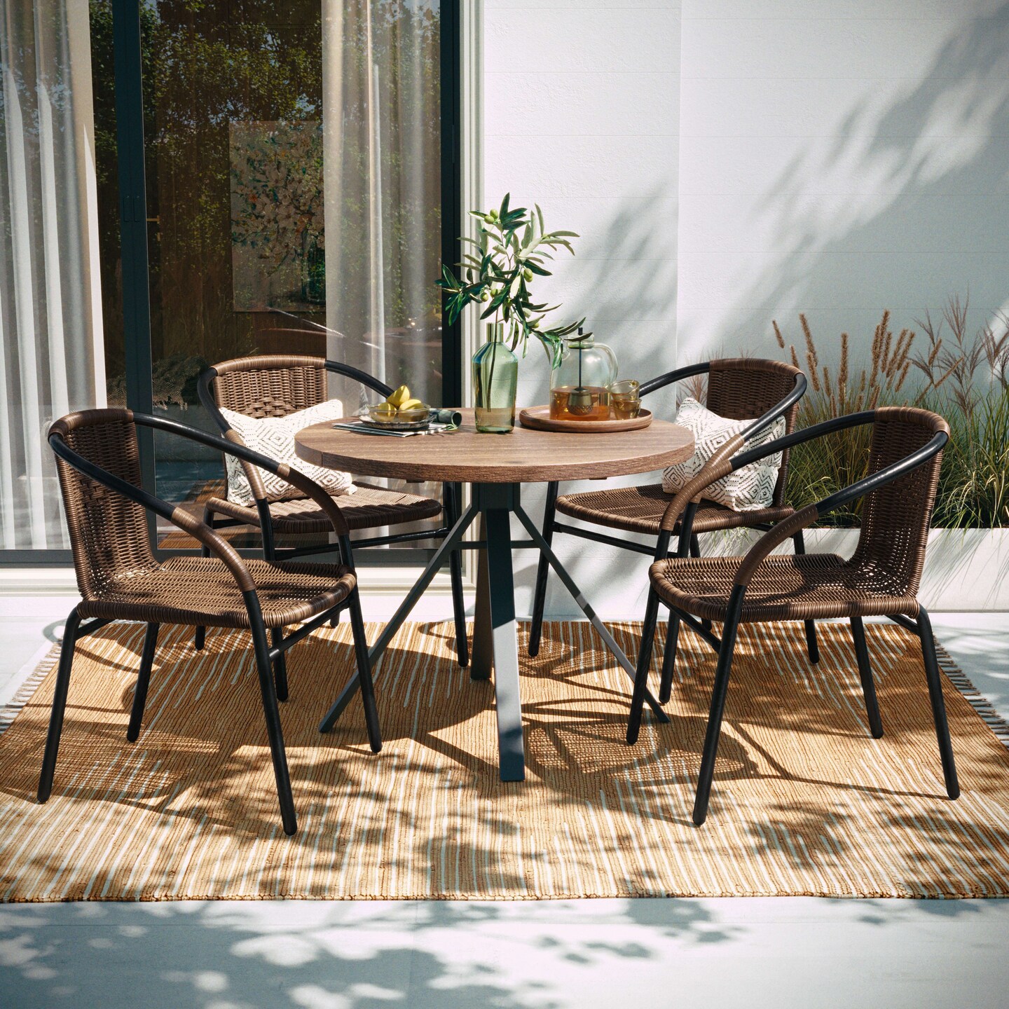 Emma and Oliver 4 Pack Rattan Indoor-Outdoor Restaurant Stack Chair with Curved Back