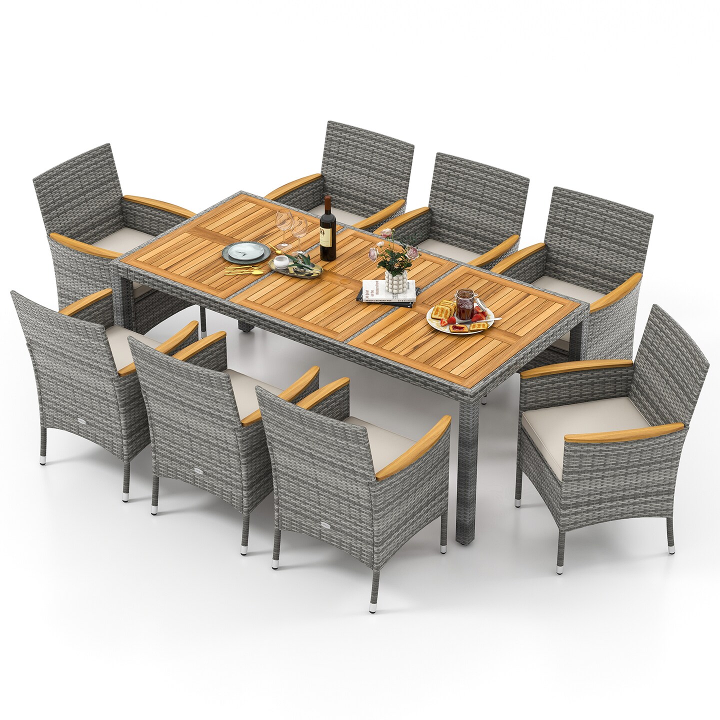 9 Pieces Patio Wicker Dining Set Including Ergonomic Armchairs with Cushions and Metal Frame