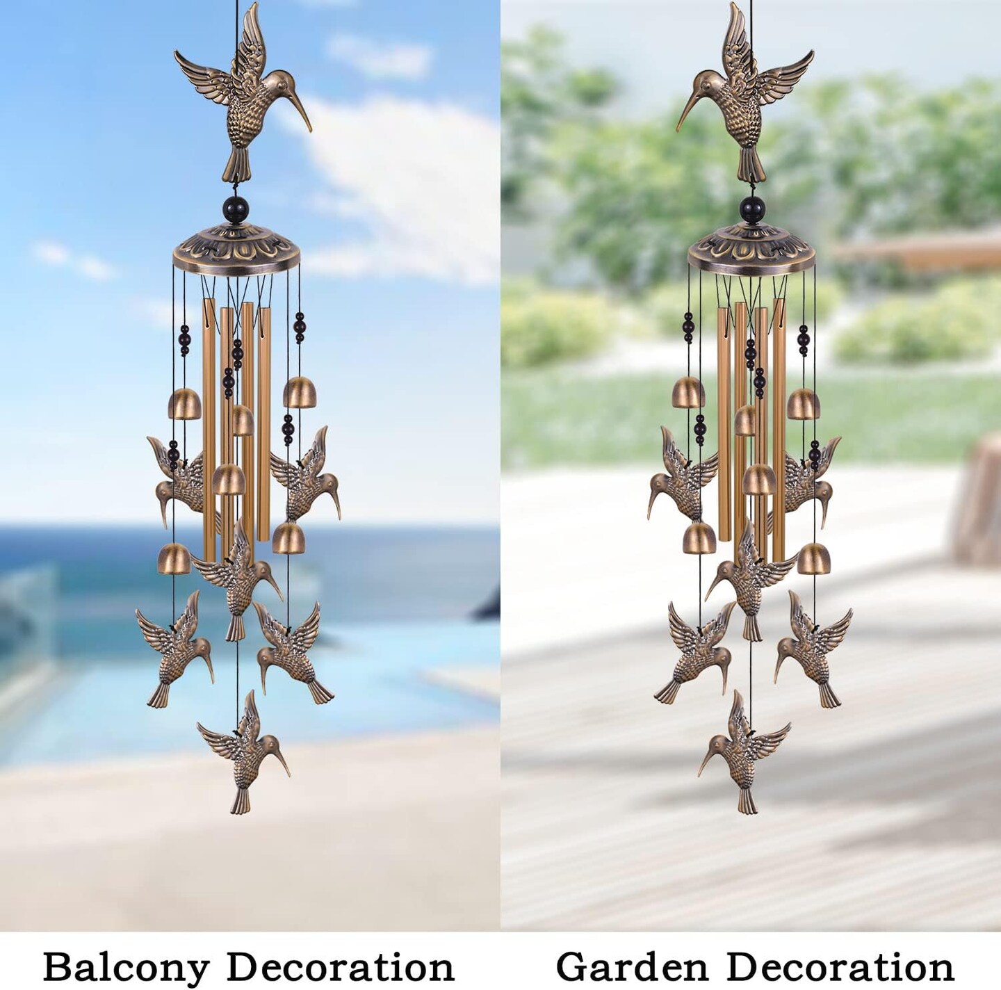 Bronze Hummingbird Wind Chimes - Outdoor/Indoor Decoration, Gift for Women, Home, Garden