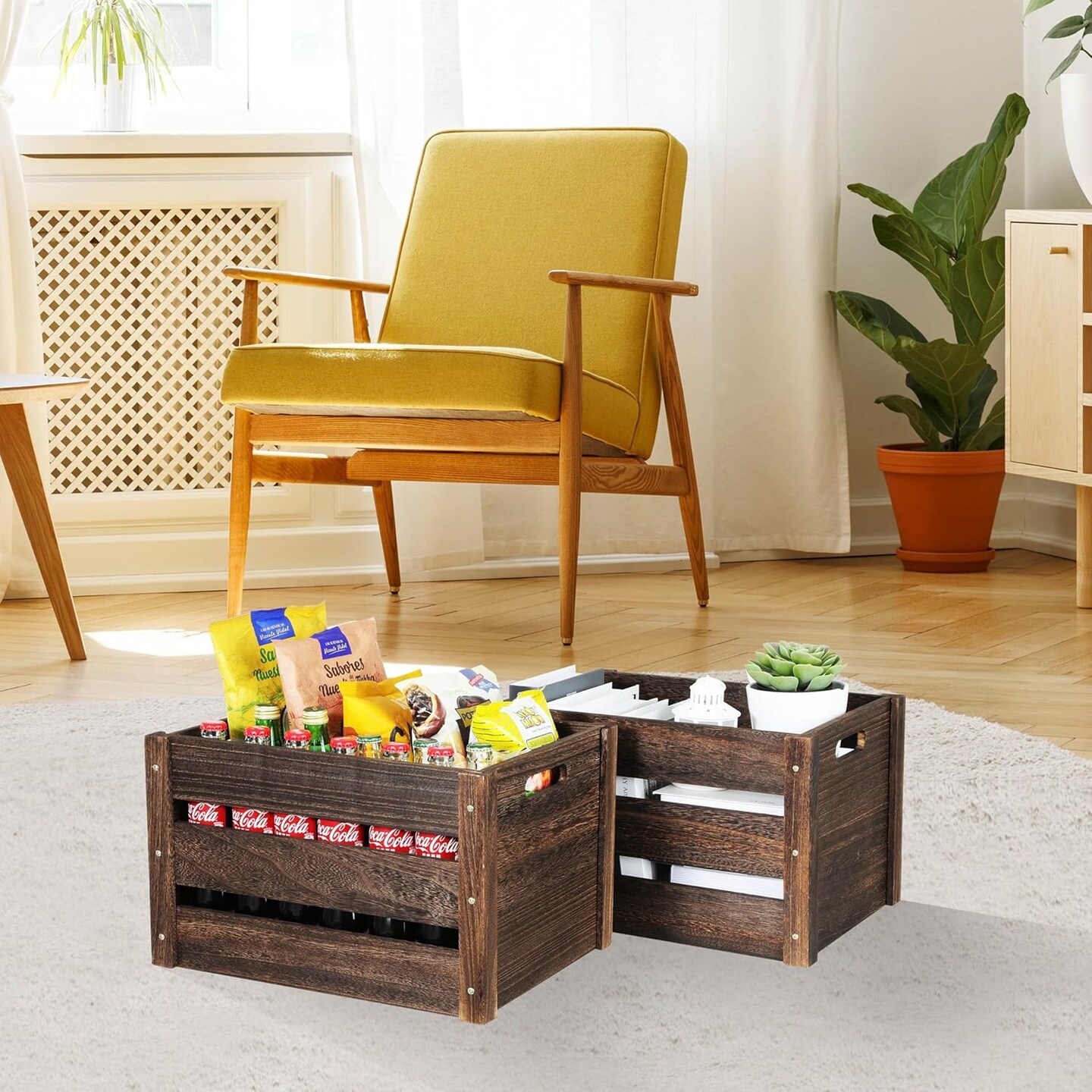 Farmhouse Wooden Crates - Large Solid Wood Crates with Handles for Storage and Display, 2 Pack Brown