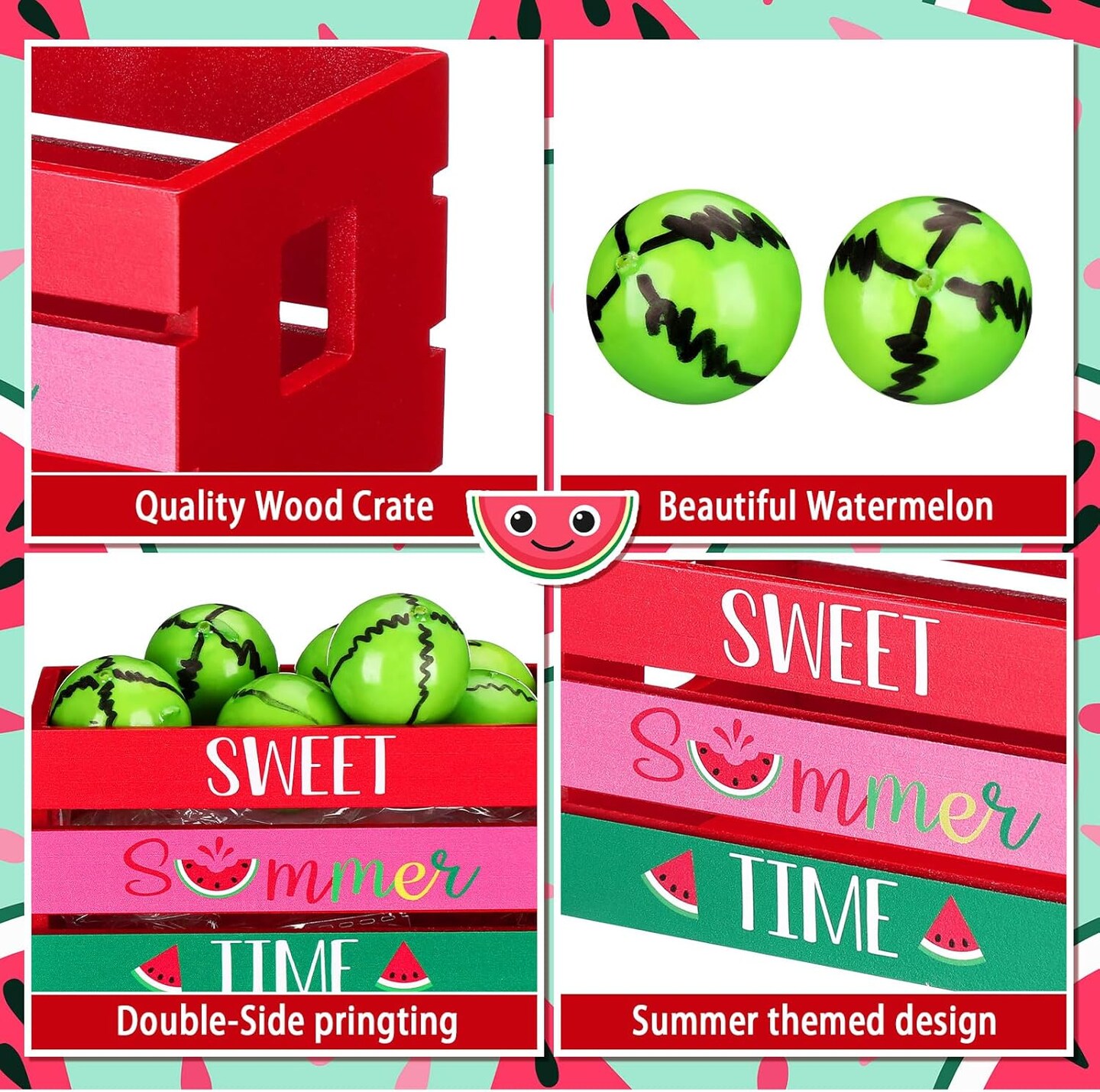 Watermelon Mini Crate Summer Tabletop Decor with 8 Faux Watermelon Farmhouse Tiered Tray Decor with Faux Fruits Wood Crate for Kitchen Home