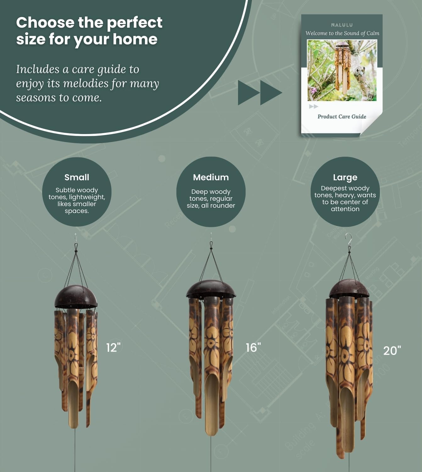 Rustic Bamboo Wind Chimes - Outside Outdoor Wooden Windchimes, Medium, Floral Burned Design with Coconut Crown, Handcrafted with Calming Deep Tones, Home Decor Ideal Gift for Him & Her