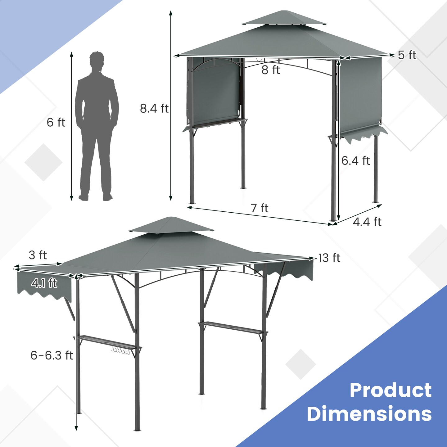13 x 5 Feet Dual Side Awnings Grill Gazebo with 2 Shelves Adjustable Shadow and Metal Frame