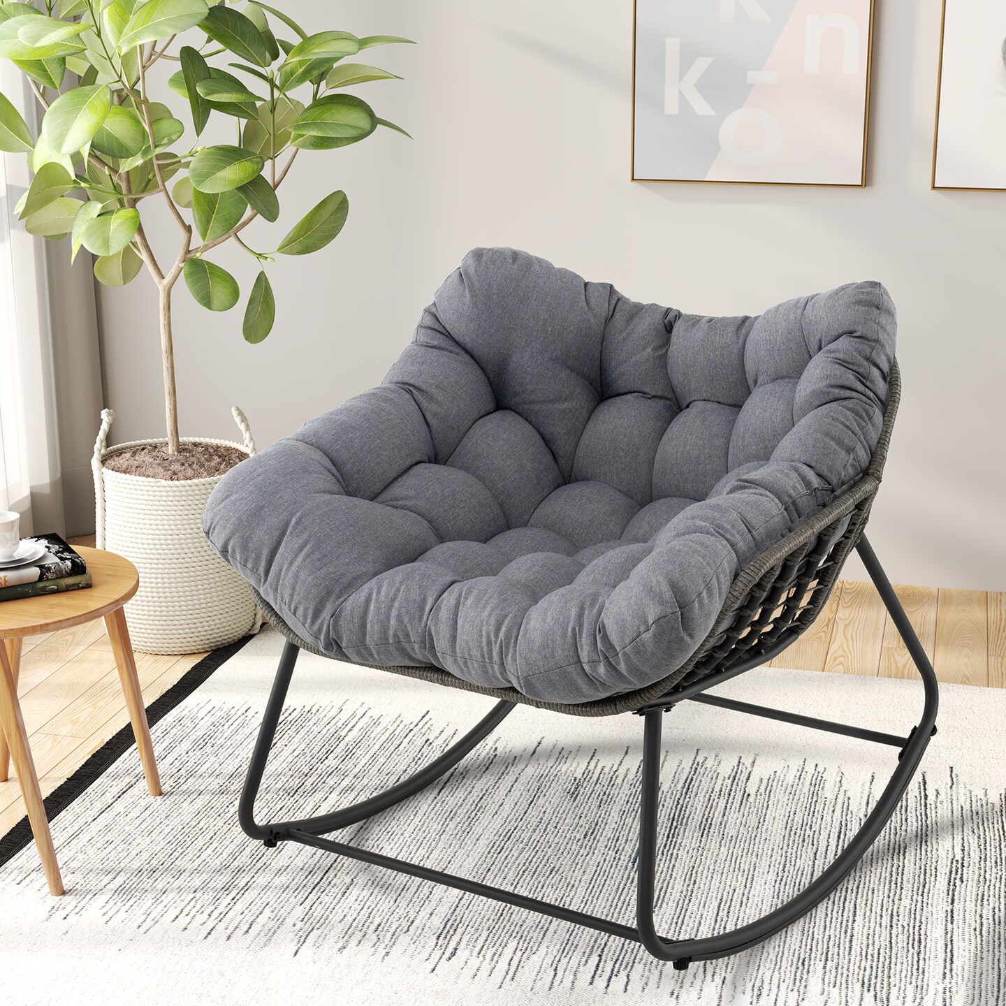 Rattan Metal Rocking Egg Chair with Cushion for Patio and Indoor