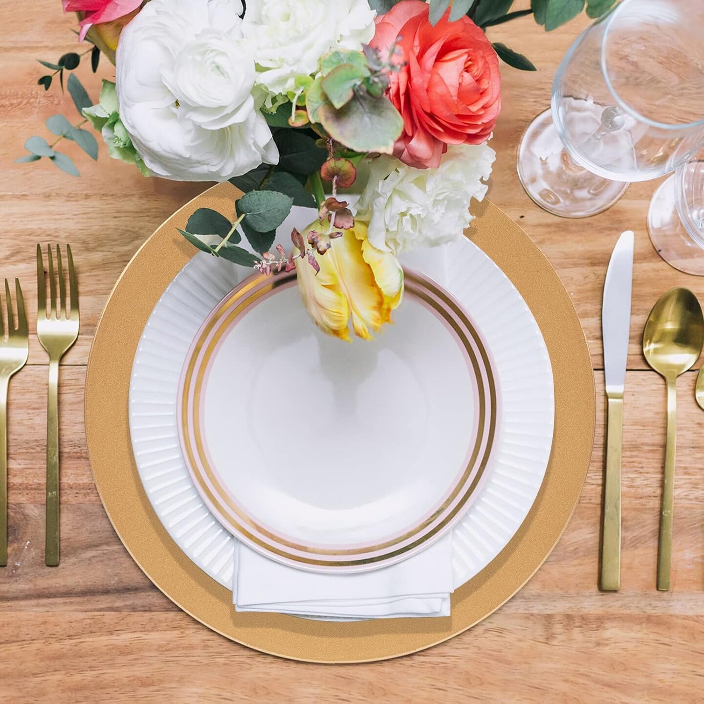 Gold Charger Plates, Set of 6, 13-Inch Round Plastic Plate Chargers for Dinner Plate, Table Setting, Elegant Wedding Decor