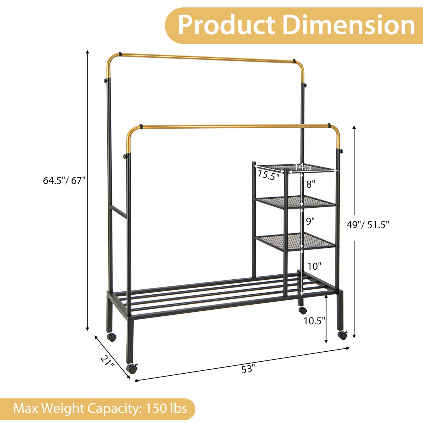 Carbon Steel Adjustable Rolling Clothes Drying Rack with Shelves