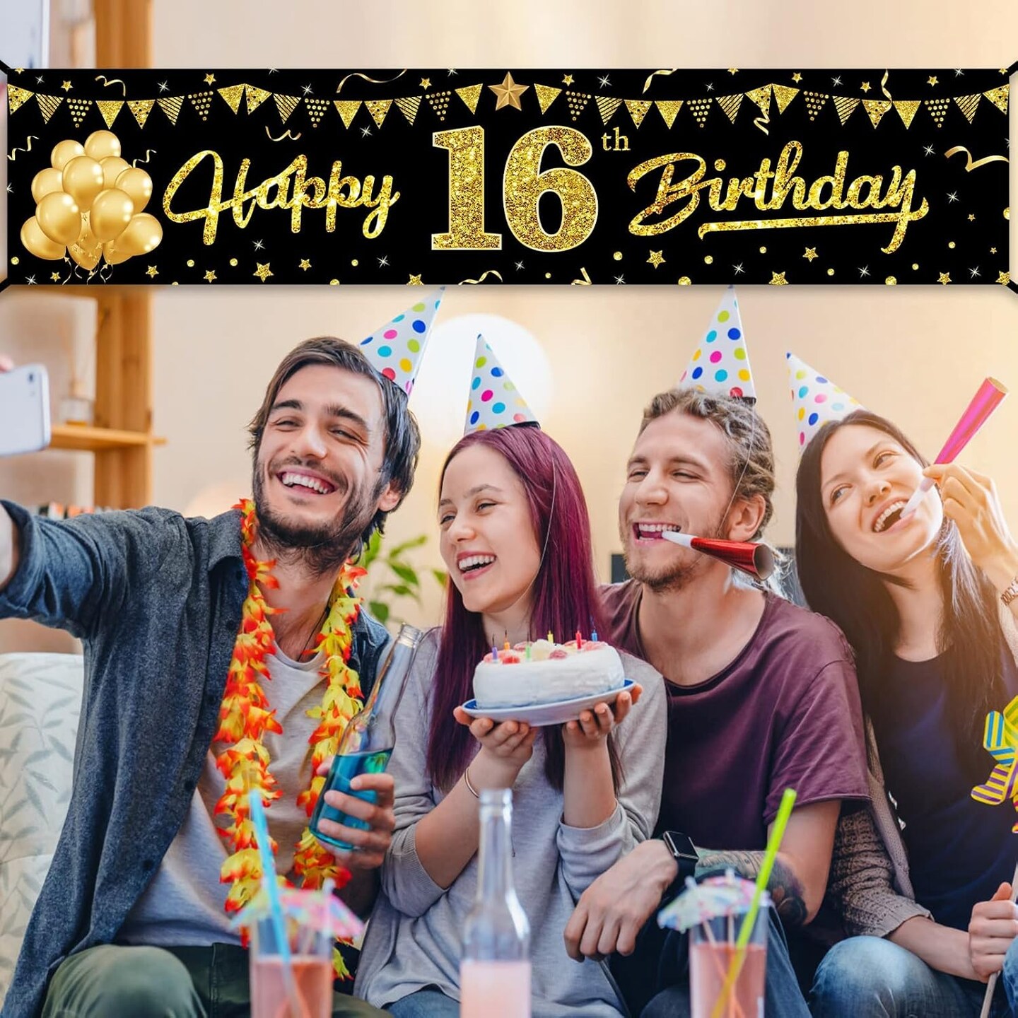 Happy 16th Birthday Banner Decorations for Boys, Black Gold 16 Birthday Signs Party Supplies, Sweet Sixteen Birthday Party Decor for Outdoor Indoor