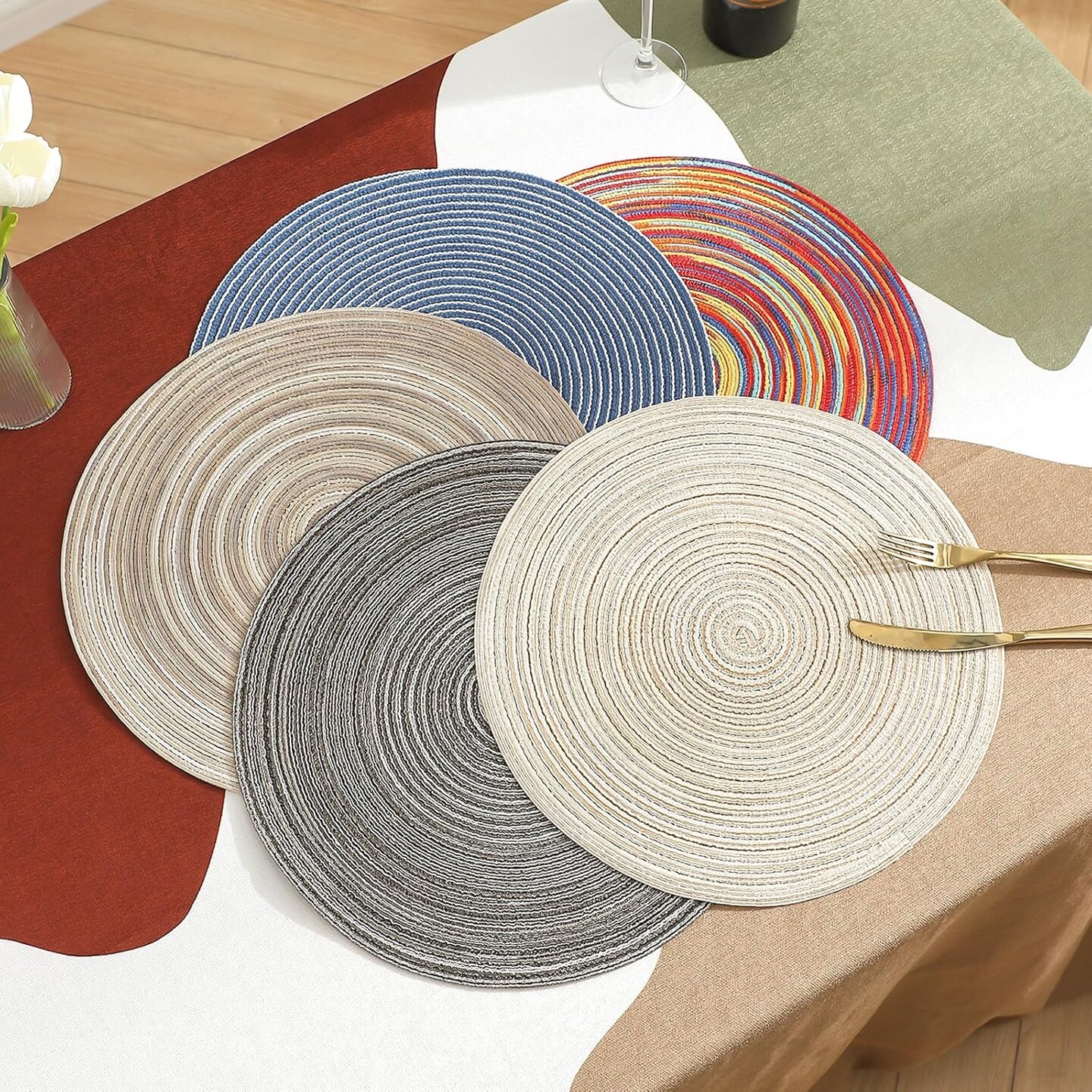 Round Cotton Placemats Set of 6 Washable Round Placemat 15 inch Round Braided Placemats Circle Placemat