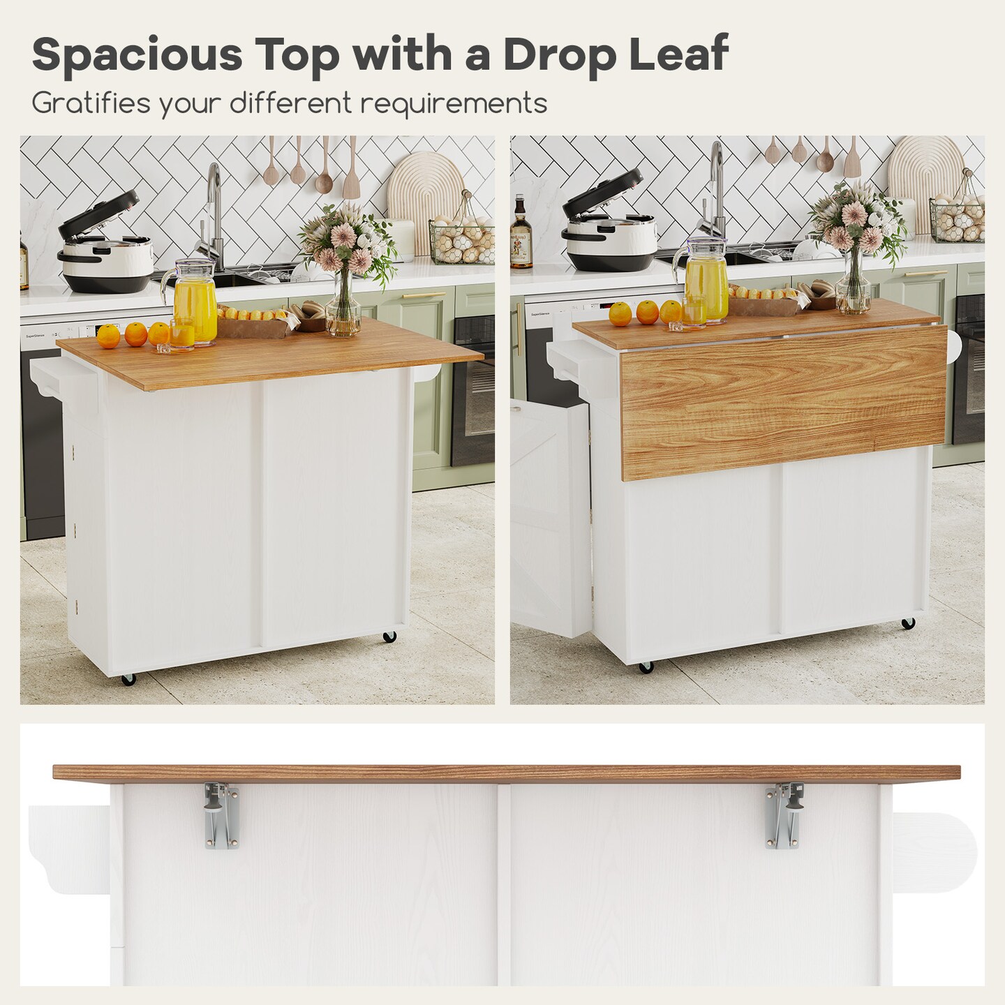 MDF Kitchen Island Cart with Drop Leaf, Trash Cabinet, Drawers and Lockable Wheels
