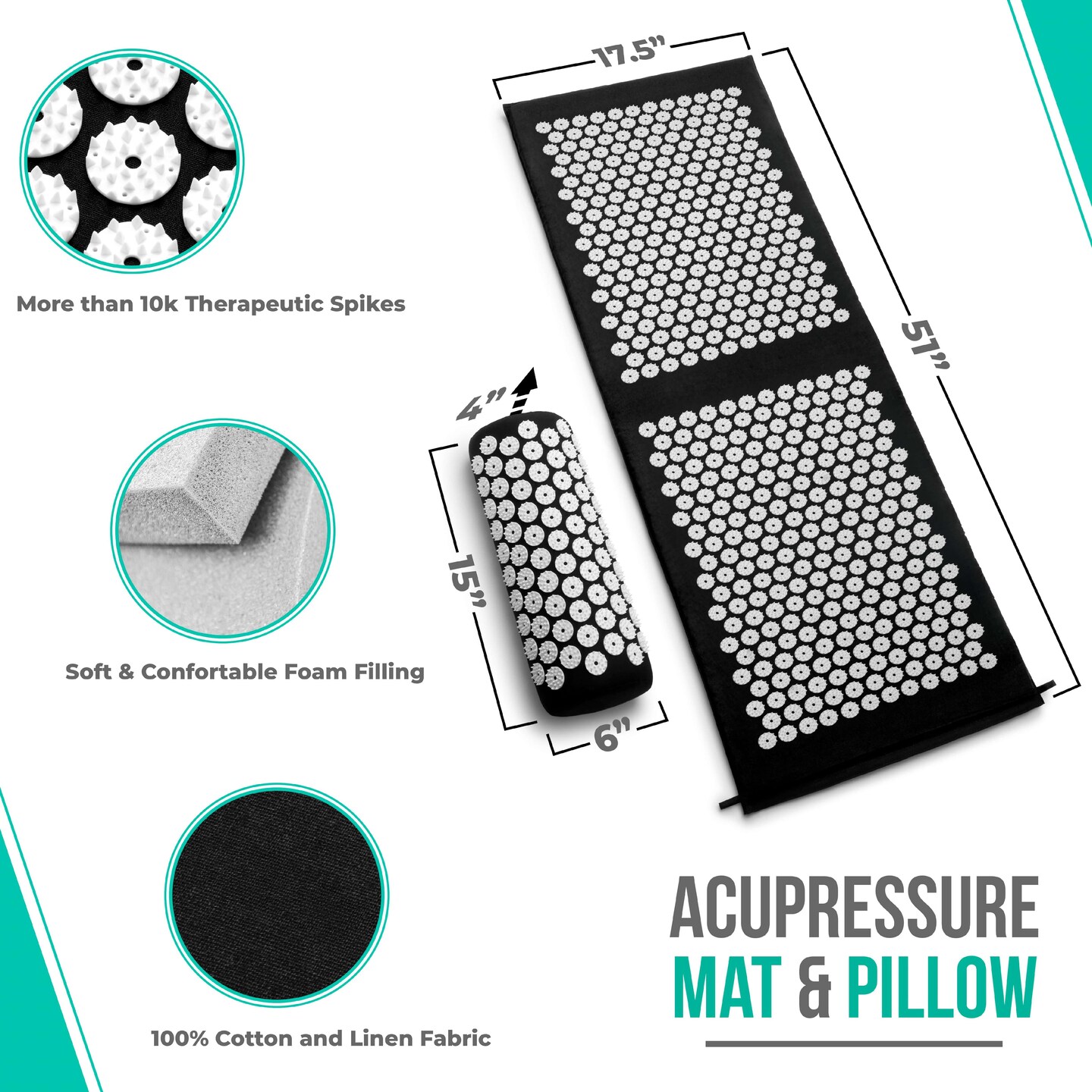 Acupressure Mat and Pillow Set - Grounding Mat for Stress, Back & Neck Pain - Acupuncture Point Massage Mat for Muscle Relaxation, Sciatica, & Meditation - Includes Carry Bag