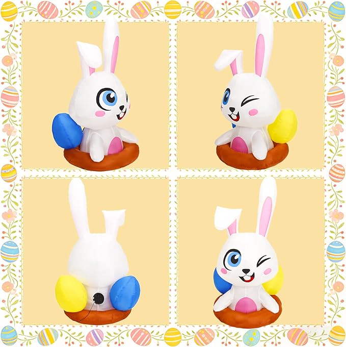 2 Pcs 4FT Easter Inflatable Bunny & Egg Outdoor Decorations, Easter Inflatables Blow up Yard Bunny Egg Decoration with LED Lights for Easter Egg Hunting Holiday Party Spring Décor