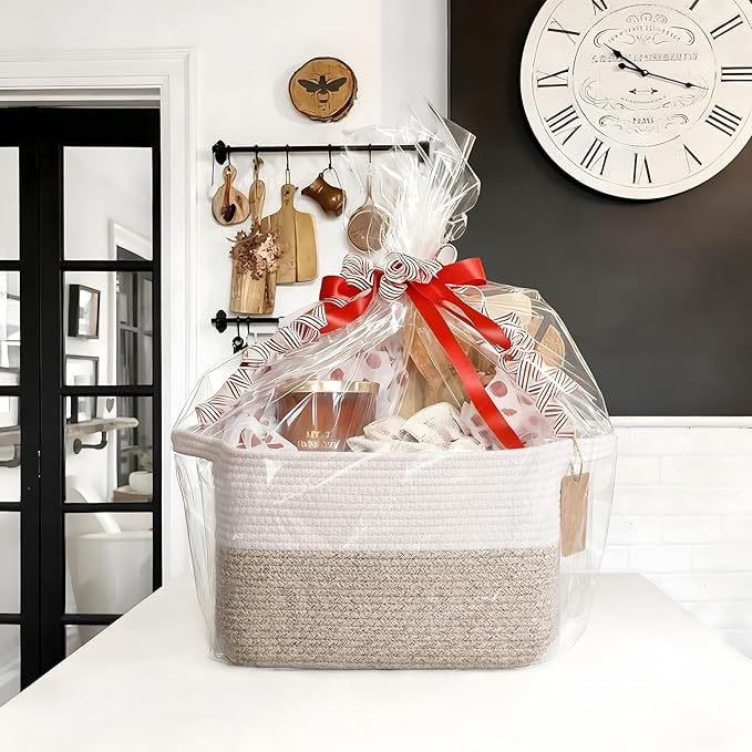 Woven Storage Basket, Cotton Rope Basket for Dog Toys, Books, Stylish Gift Basket with Handles, 13 x 10 x 9 Inches Square Baskets for Organizing, Brown and White