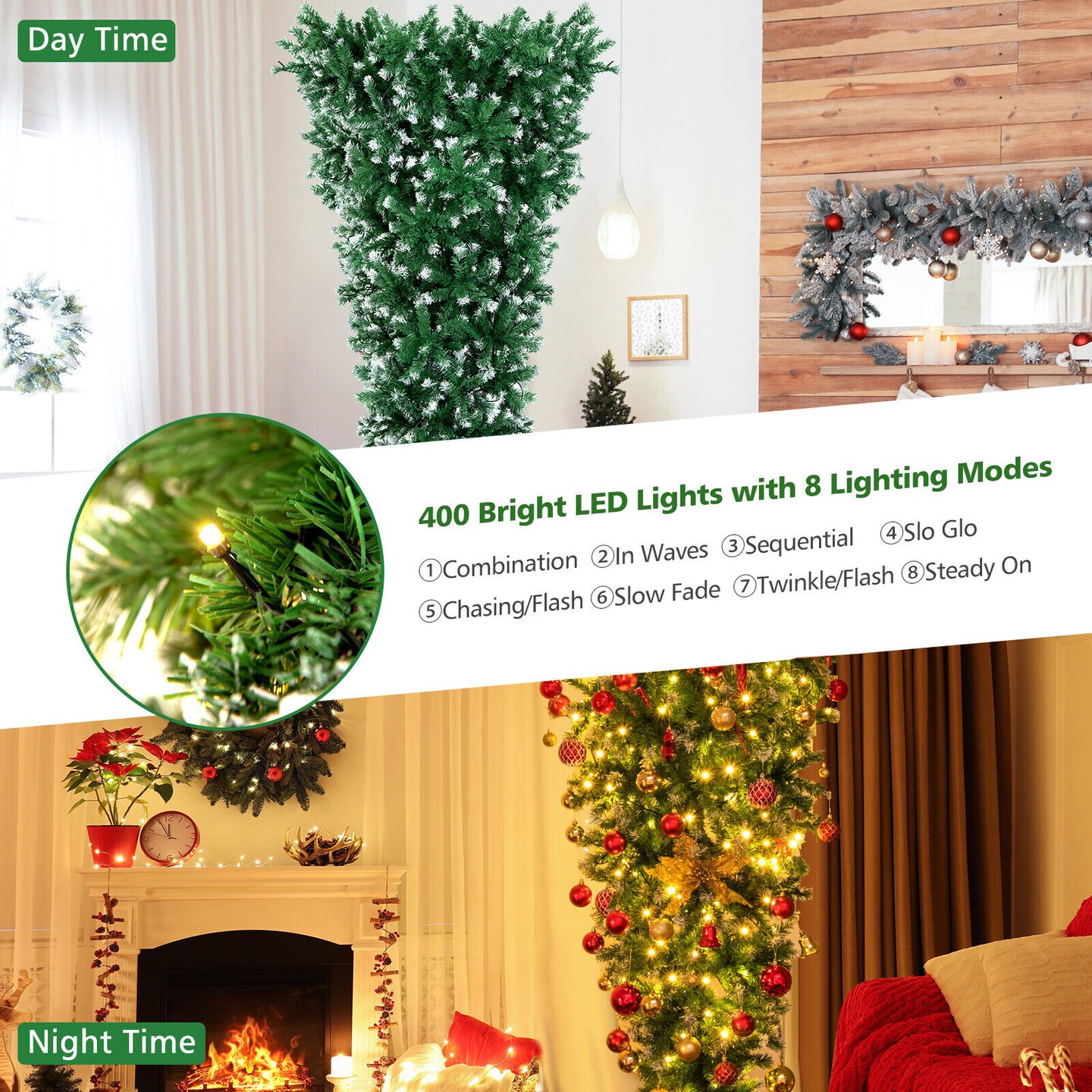 Green PVC Pre-Lit Upside Down Christmas Tree with 400 LED Lights and Metal Stand