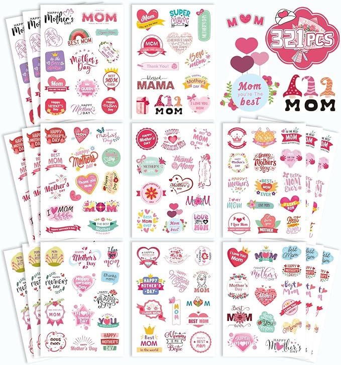 321PCS Happy Mother’s Day Stickers – Mom Stickers, Gift Labels & Cards for Mother’s Day Crafts and Party Favors