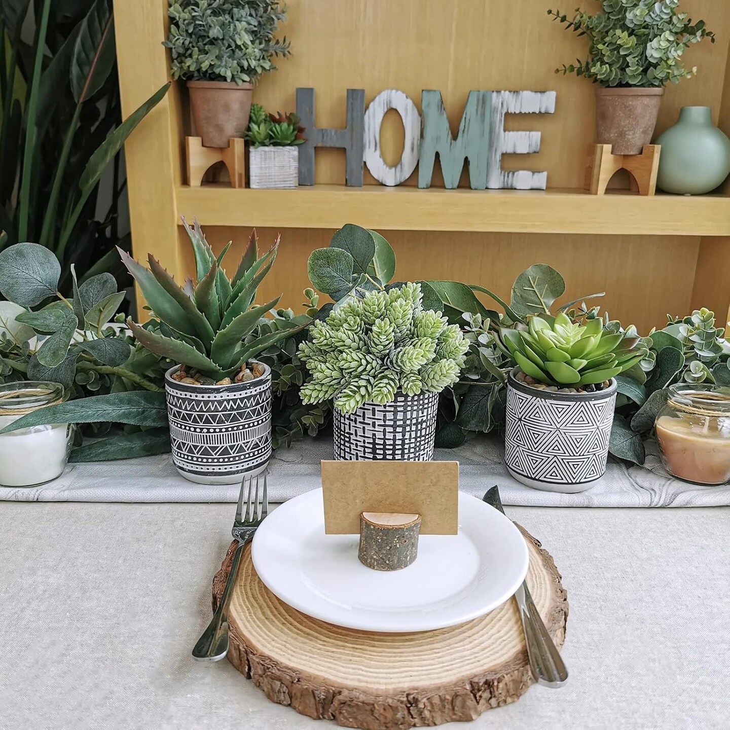 Set of 3 Small Potted Artificial Succulents – Faux Mini Succulent Arrangement in Black & White Geometric Concrete Pots for Modern Home, Office, Windowsill & Table Decor