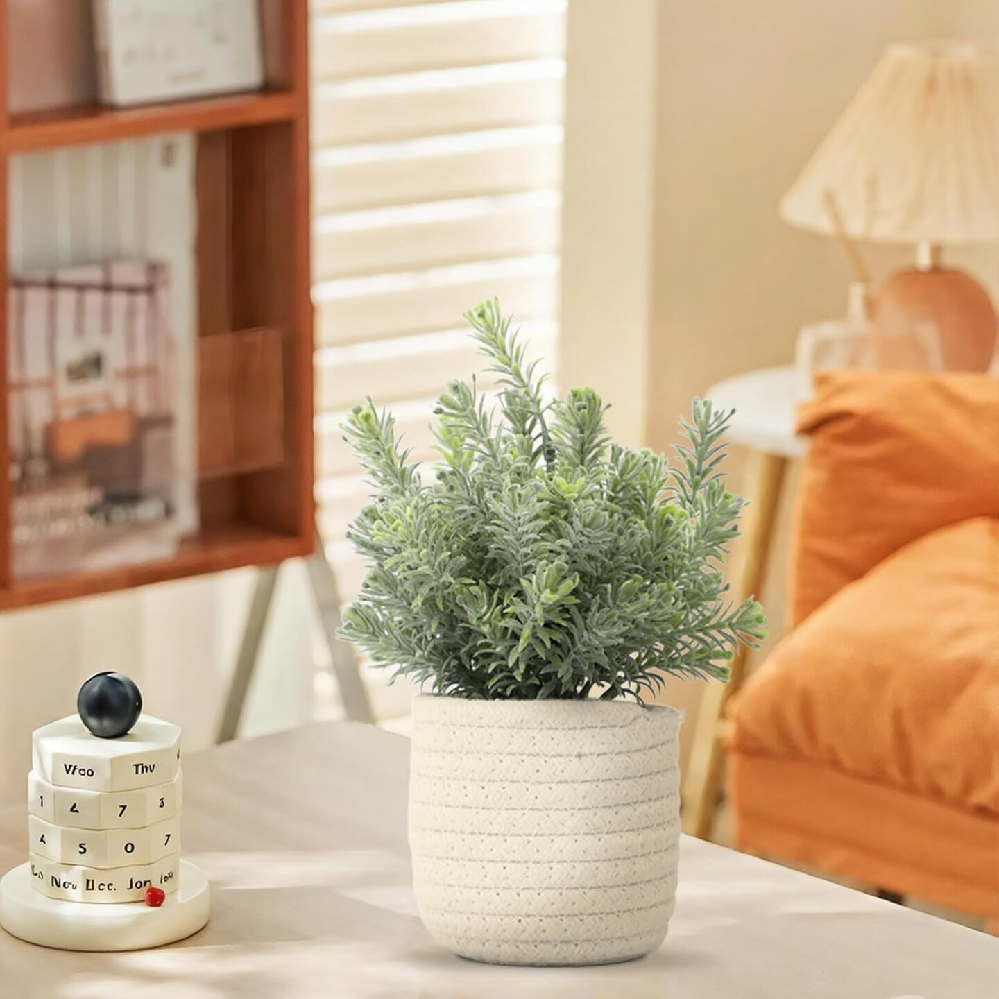 Small Artificial Eucalyptus Potted Plant with White Woven Basket – Faux Greenery Desk & Home Office Farmhouse Decor