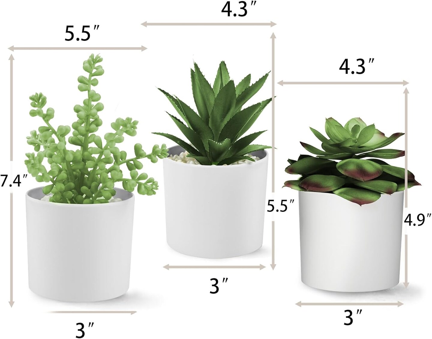 Set of 3 Artificial Succulents in White Pots – Faux Small Potted Plants for Home Decor, Office Desk, Bathroom, Shelf & Modern Tabletop Decoration
