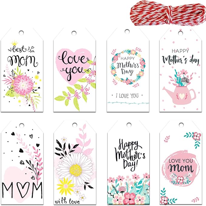 120 Pcs Mother's Day Hanging Gift Tags - 8 Floral Designs with "Best Mom Ever" & "Love You Mom" - Includes 65.6ft Twine for DIY Crafts and Gift Wrapping
