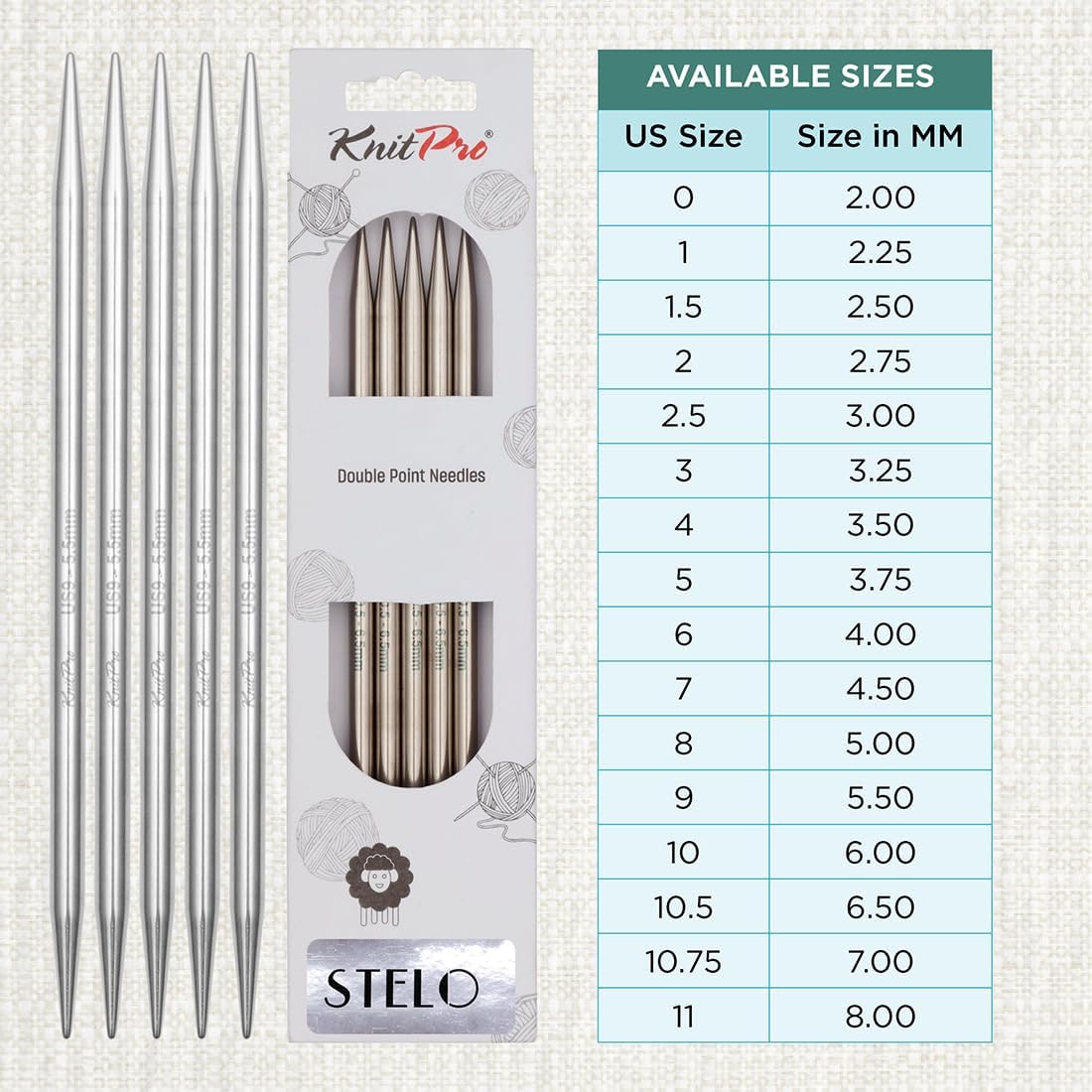 KnitPro Stelo Double Pointed Knitting Needles 6" (15cm) Set of 5 Size 0 - 11