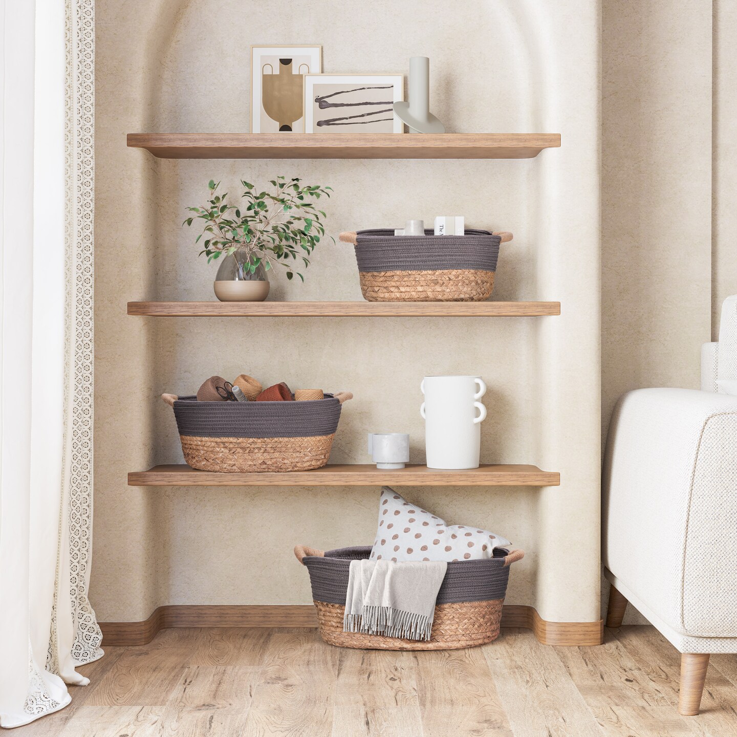 Seville Classics 3-Piece Natural Water Hyacinth and Rope Handwoven Basket Set