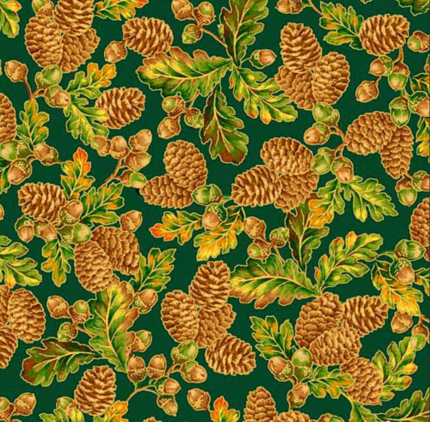 Quilting Treasures Thanksgiving Acorns Pinecones Leaves On Forest Green Quilting Treasures 100% Cotton