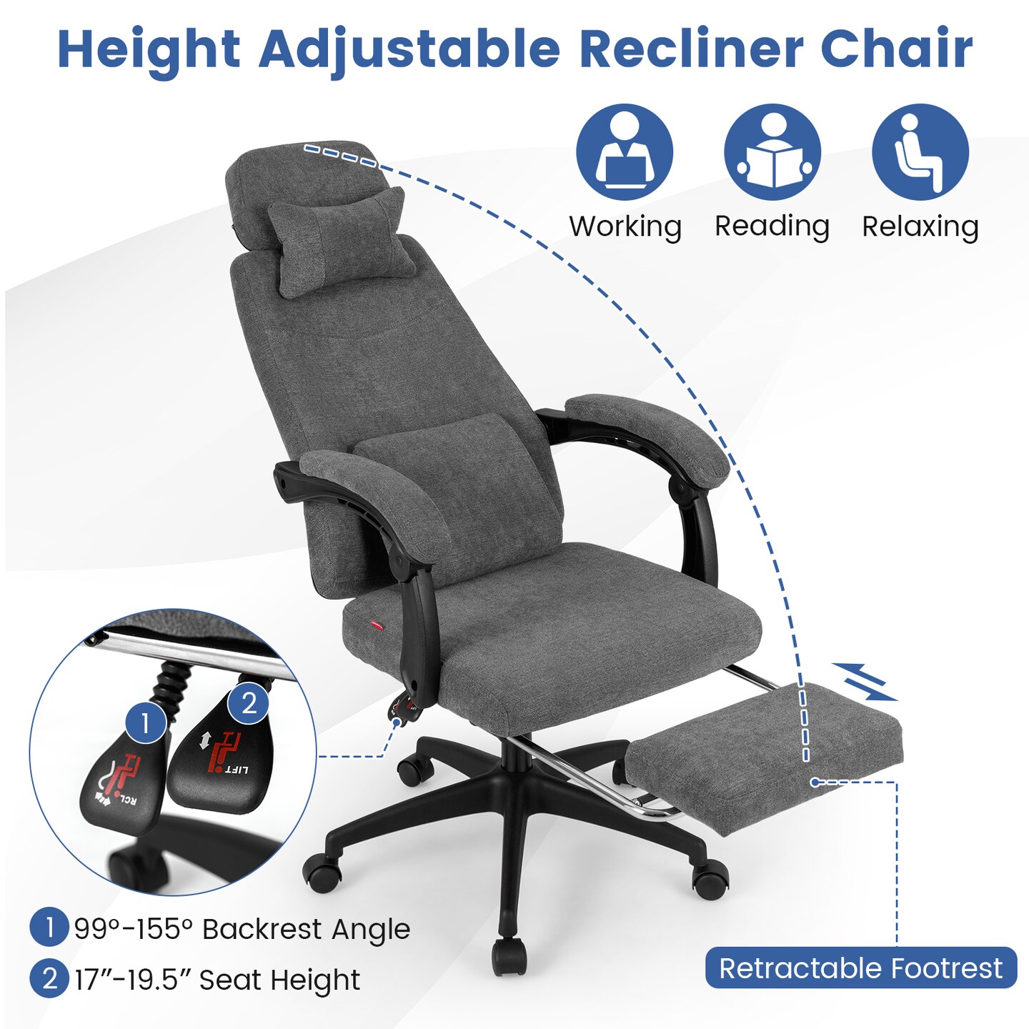 Reclining Ergonomic Office Chair Chenille Fabric Adjustable Headrest Footrest
